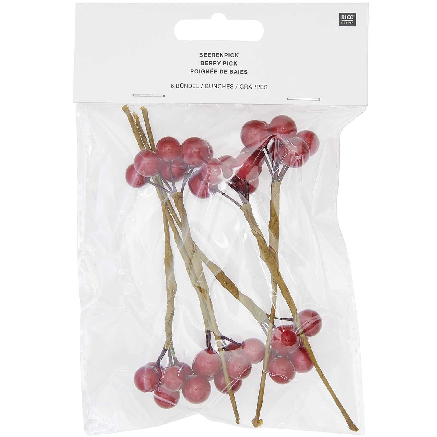 Beerenpick 16,5x8,5cm 6 Stück von Rico Design in einer transparenten Verpackung mit roten Beeren.