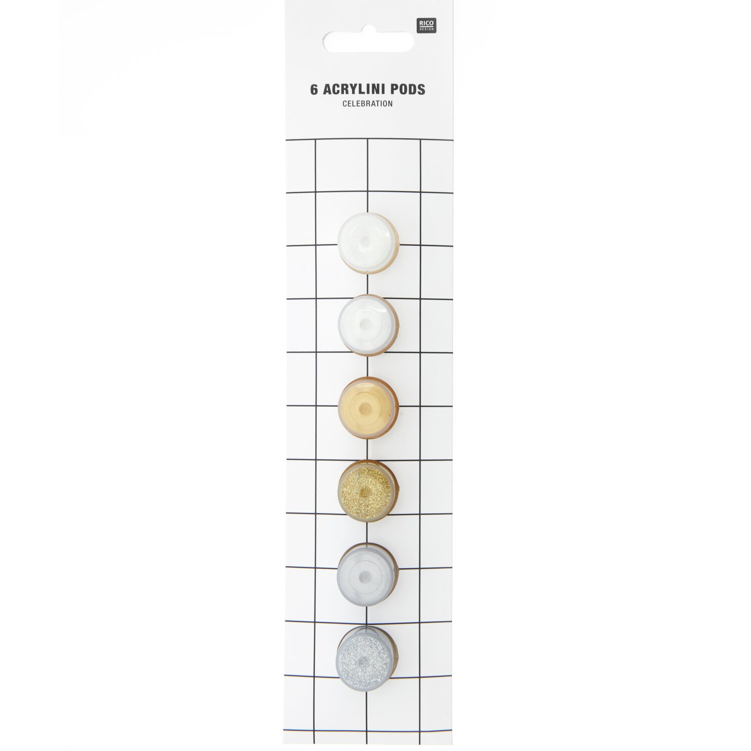 Acrylini Pods: Sechs runde Farbkapseln in neutralen Tönen von Rico Design, ideal für kreative Projekte.
