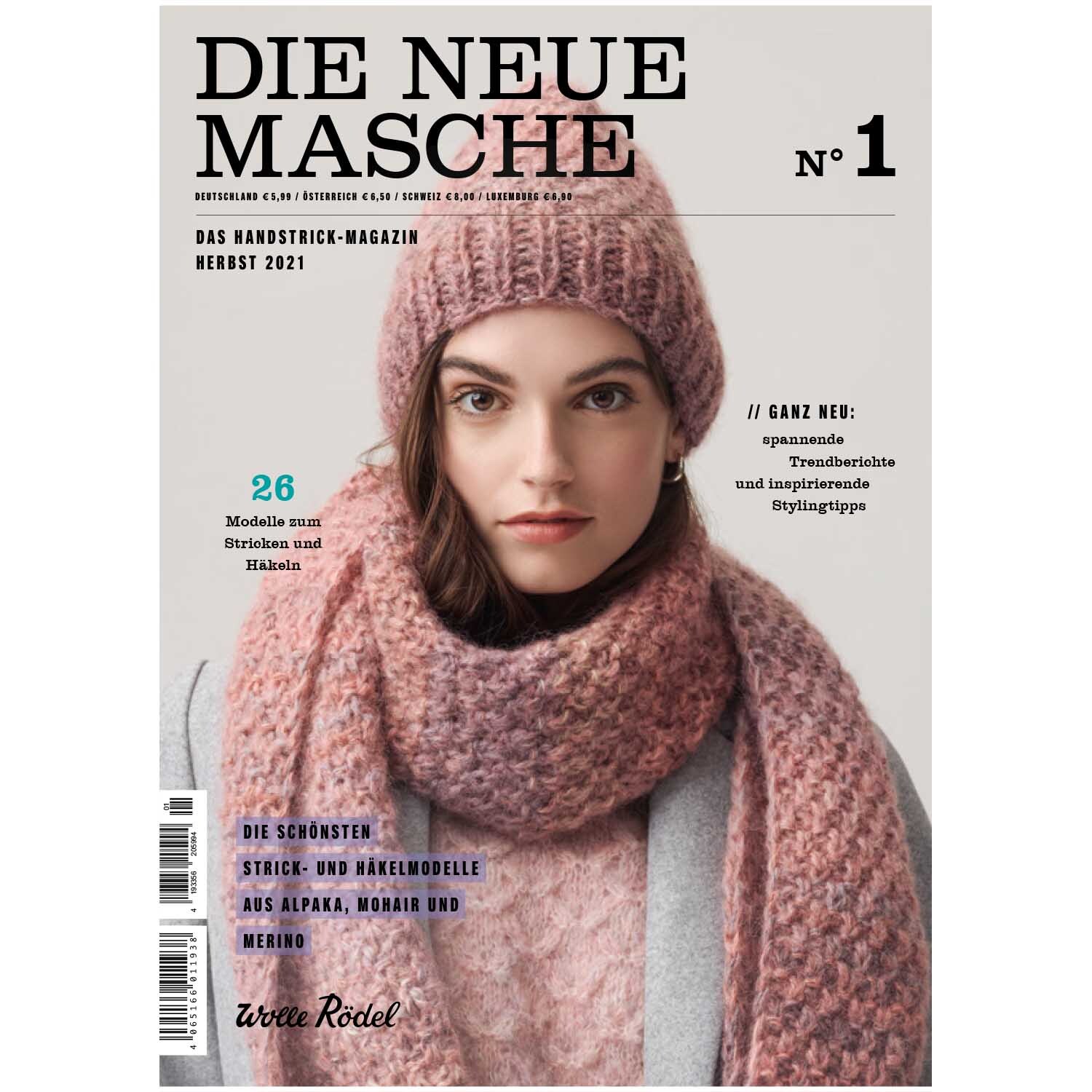 Die Neue Masche Nr. 01 Herbst zeigt eine Frau in rosa Strickmütze und Schal von Wolle Rödel.