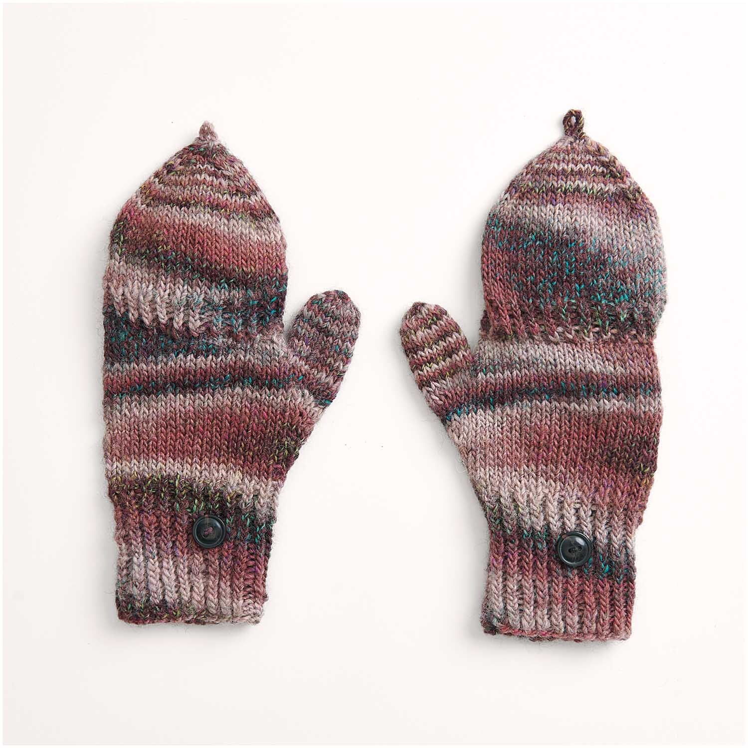 Strickset Fäustlinge Modell 27 aus Die Neue Masche Nr. 7, bunte gestrickte Fäustlinge mit Knöpfen.