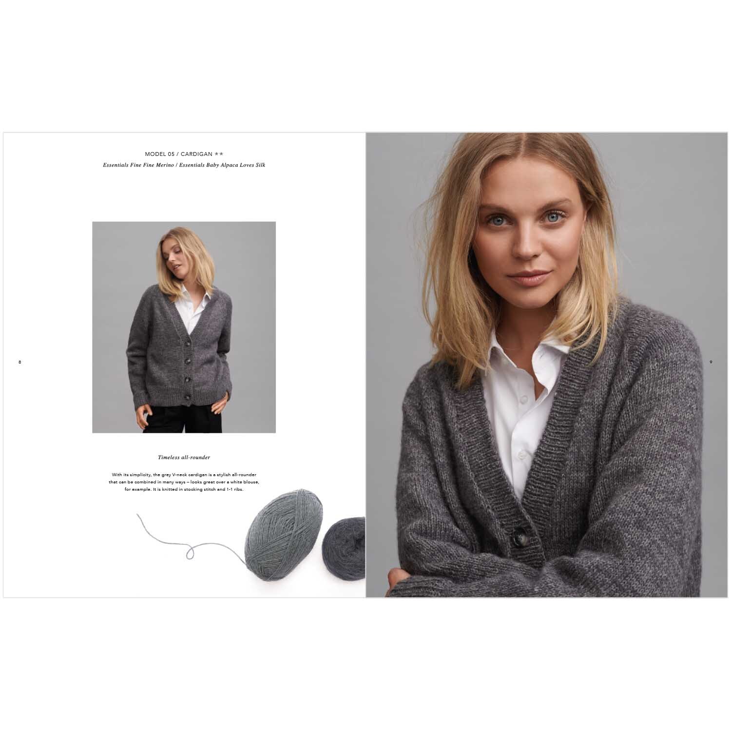 Top Down Knitting Special 2 englisch: Frau in grauem Cardigan von Rico Design, lächelnd, mit weißem Hemd. Strickgarn und Anleitung im Hintergrund.
