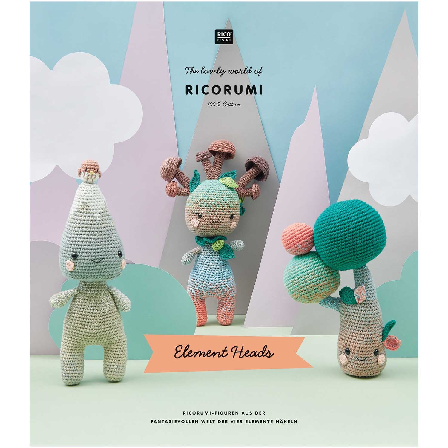 Ricorumi Element Heads: Drei gehäkelte Figuren vor pastellfarbenem Hintergrund, inspiriert von der Natur. Ideal für kreative Häkelprojekte.