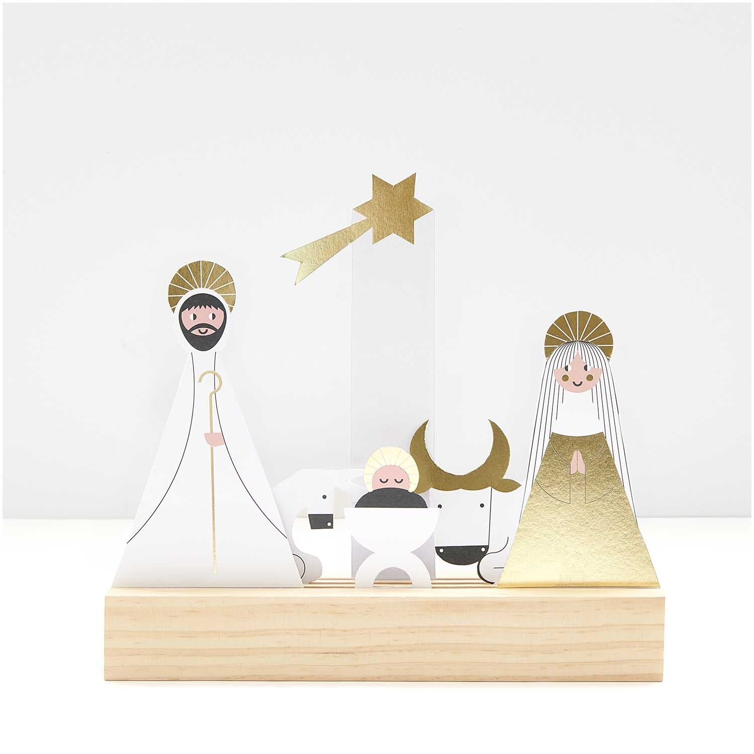 Paper Poetry Kartendeko-Set Holy Family zeigt eine stilisierte Krippenszene mit goldenen Akzenten.