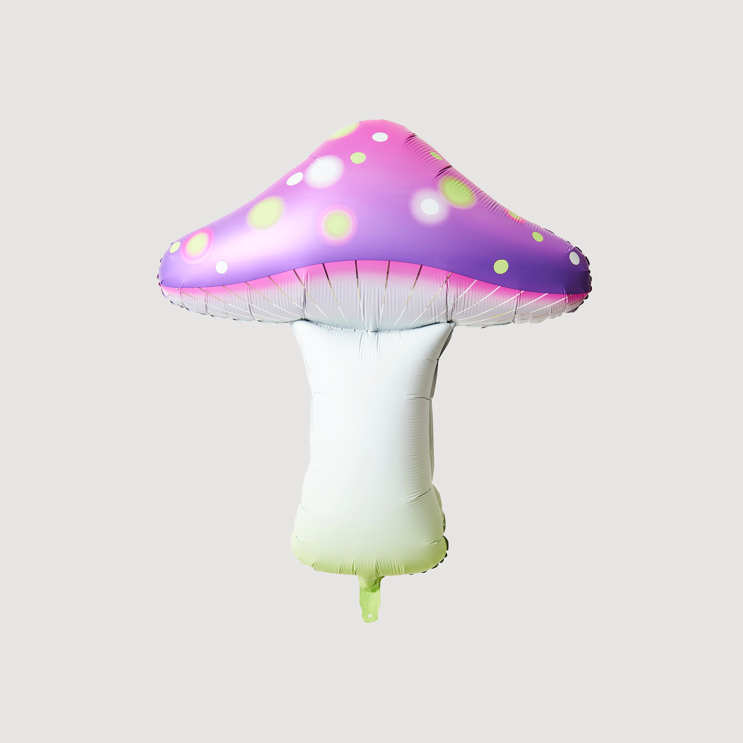 Folienballon Shrooom Lila: Ein großer, pilzförmiger Ballon in Lila mit bunten Punkten, 72x76x26cm.