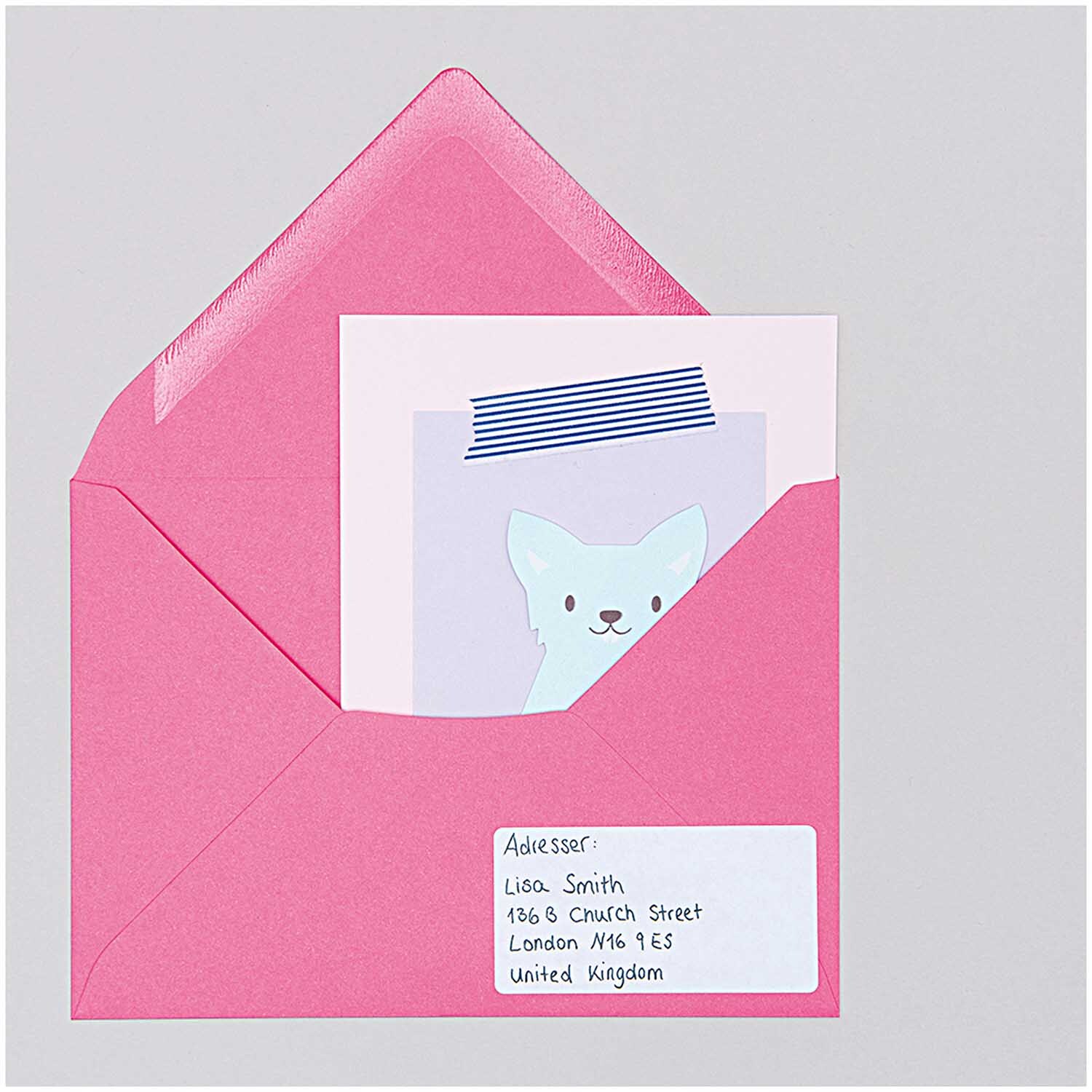 Paper Poetry Office Sticker Etiketten auf einem pinken Umschlag mit Adressetikett und niedlichem Katzenmotiv. Ideal für kreative Büroanwendungen.