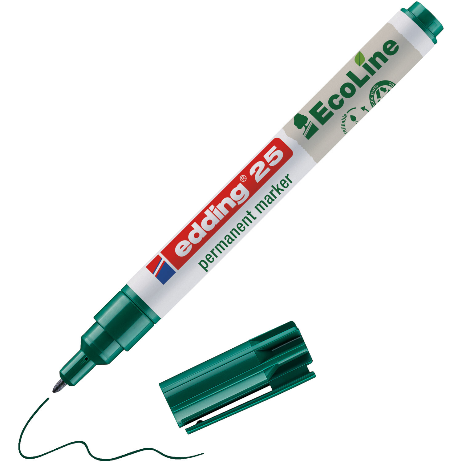 25 EcoLine Permanentmarker 1mm mit grüner Kappe und Spitze, Marke edding, auf weißem Hintergrund.