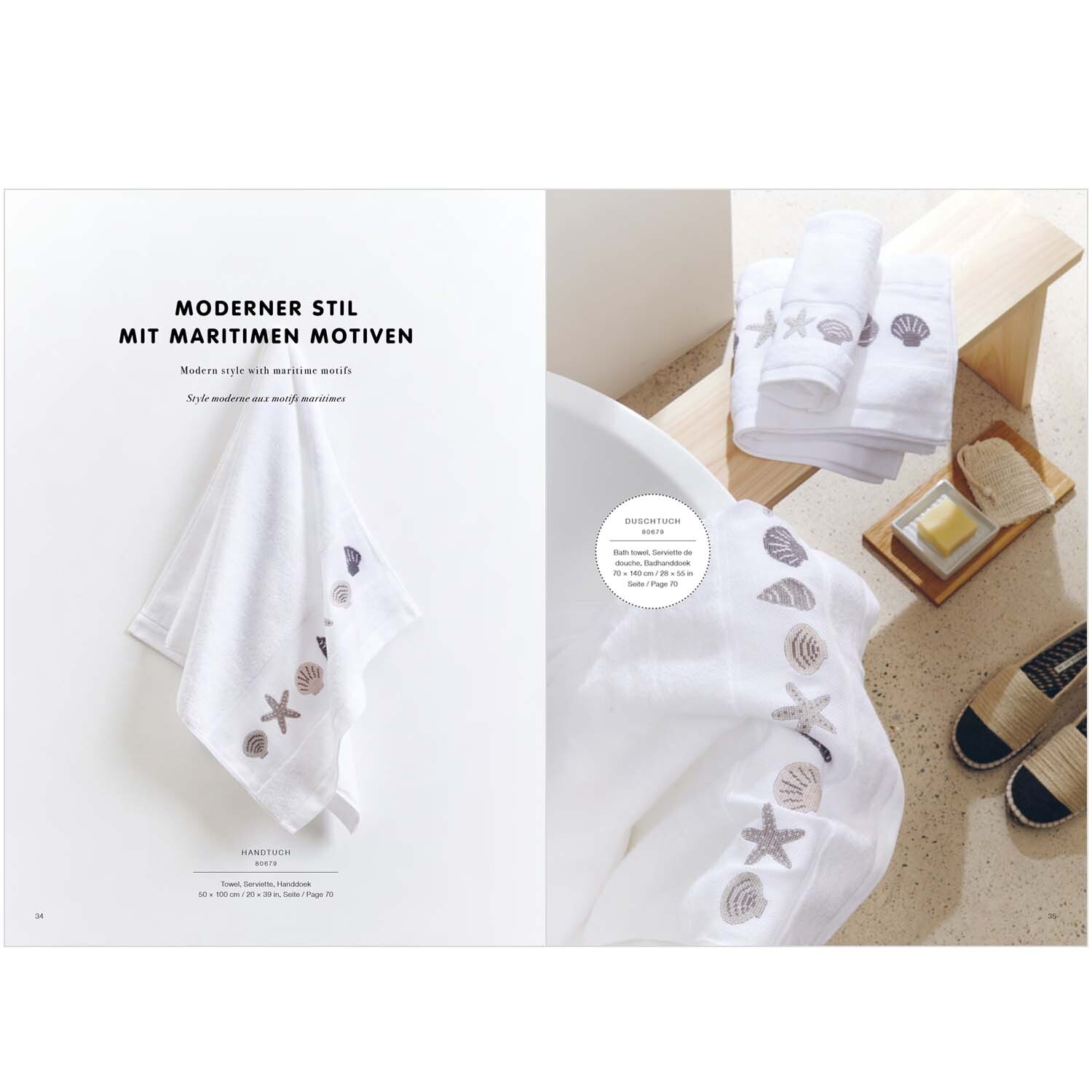 Stickbuch Maritim Nr. 177 zeigt weiße Handtücher mit maritimen Motiven wie Muscheln und Seesternen. Ideal für ein modernes Badezimmer.