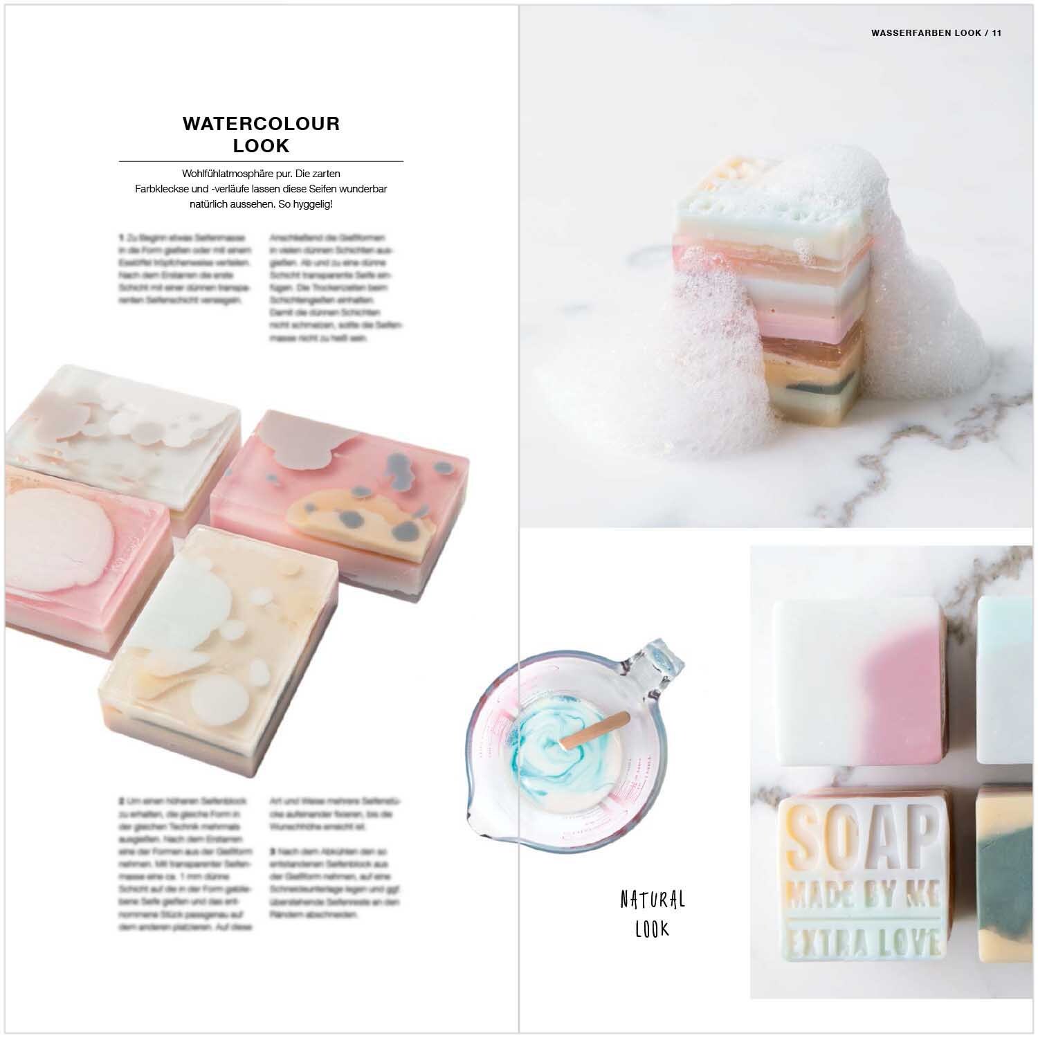 Made by Me Anleitungsheft Soap Hygge zeigt bunte, schaumige Seifen in verschiedenen Formen und Designs.