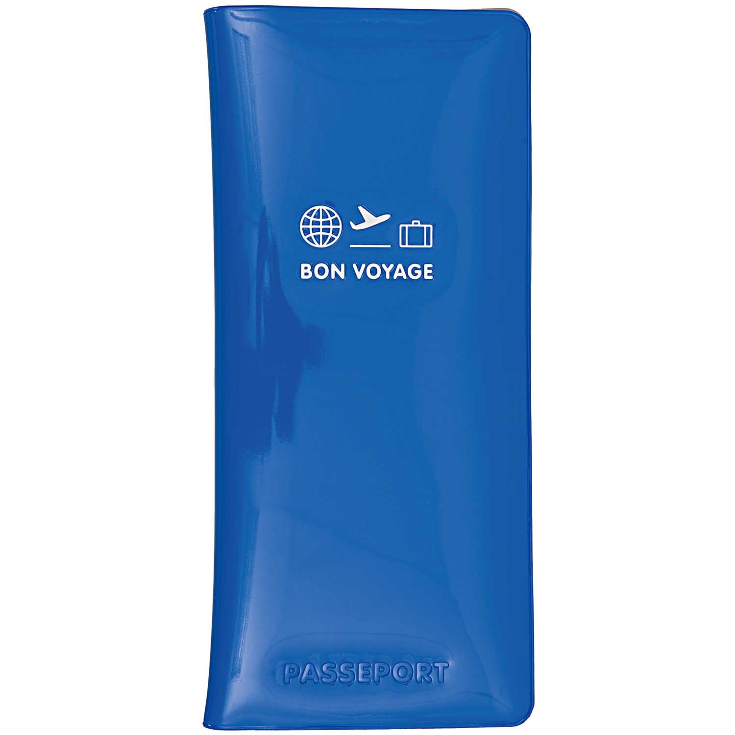 Reisepass Hülle groß in Blau von Rico Design mit "Bon Voyage"-Motiv und Reise-Symbolen.