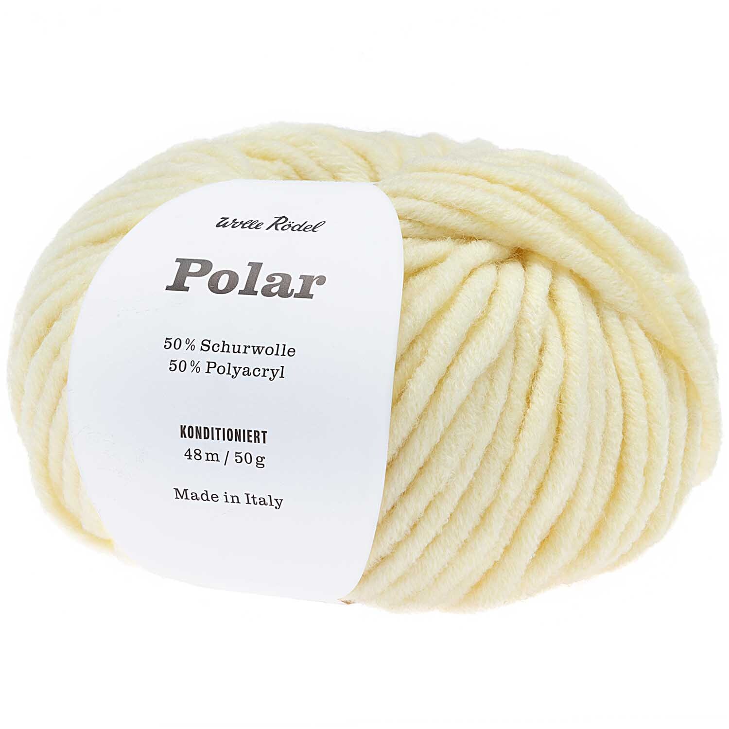 Polar Wolle von Wolle Rödel in sanftem Cremeweiß, 50g Knäuel, ideal für warme Strickprojekte.