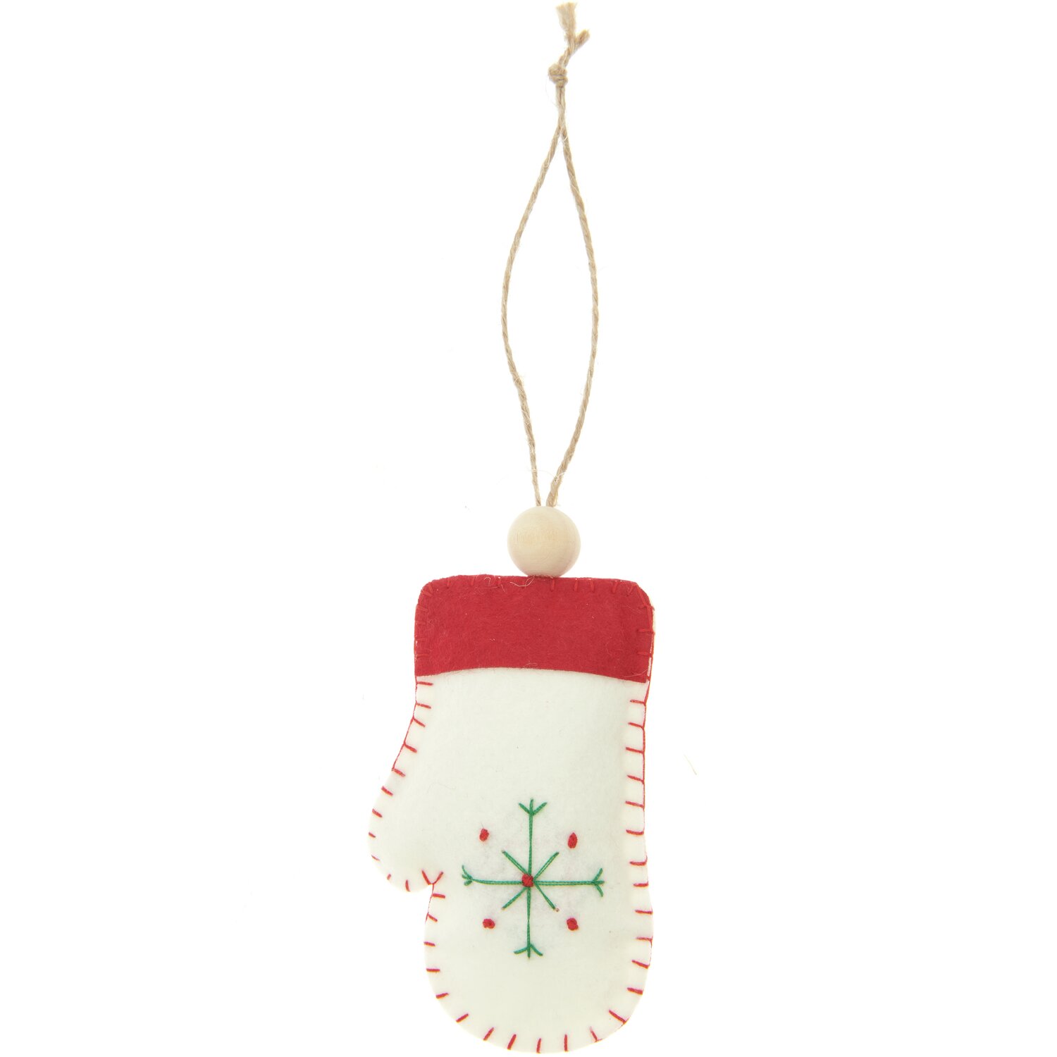 Filzhandschuh Weiß Rot, dekorativer Handschuh aus Filz mit rotem Rand und grünem Schneeflockenmuster, 9x2,5x5,5cm, von Rico Design.