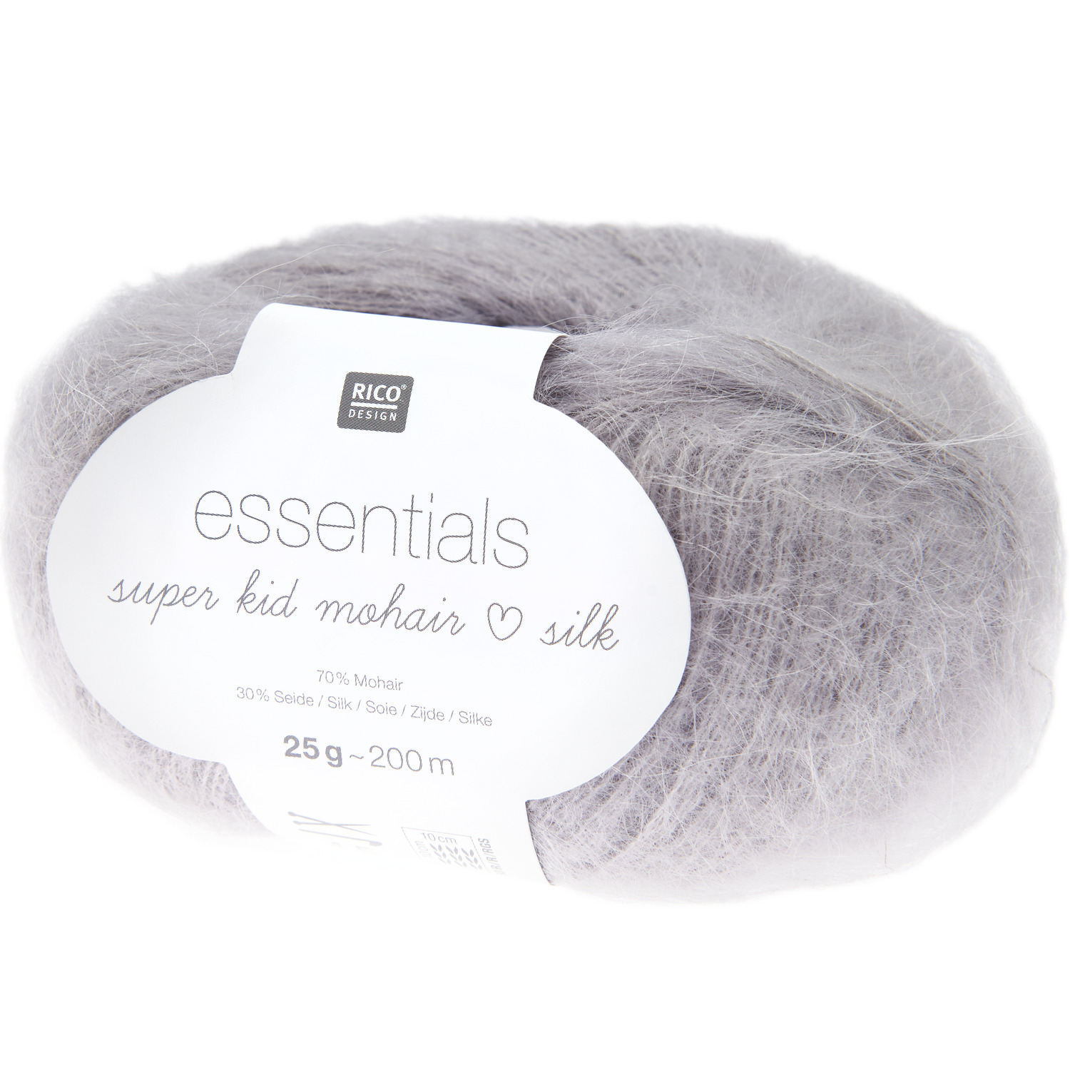 Essentials Super Kid Mohair Loves Silk: Weiches, silbernes Garn von Rico Design, 25g Knäuel mit 200m Länge. Ideal für luxuriöse Strickprojekte.