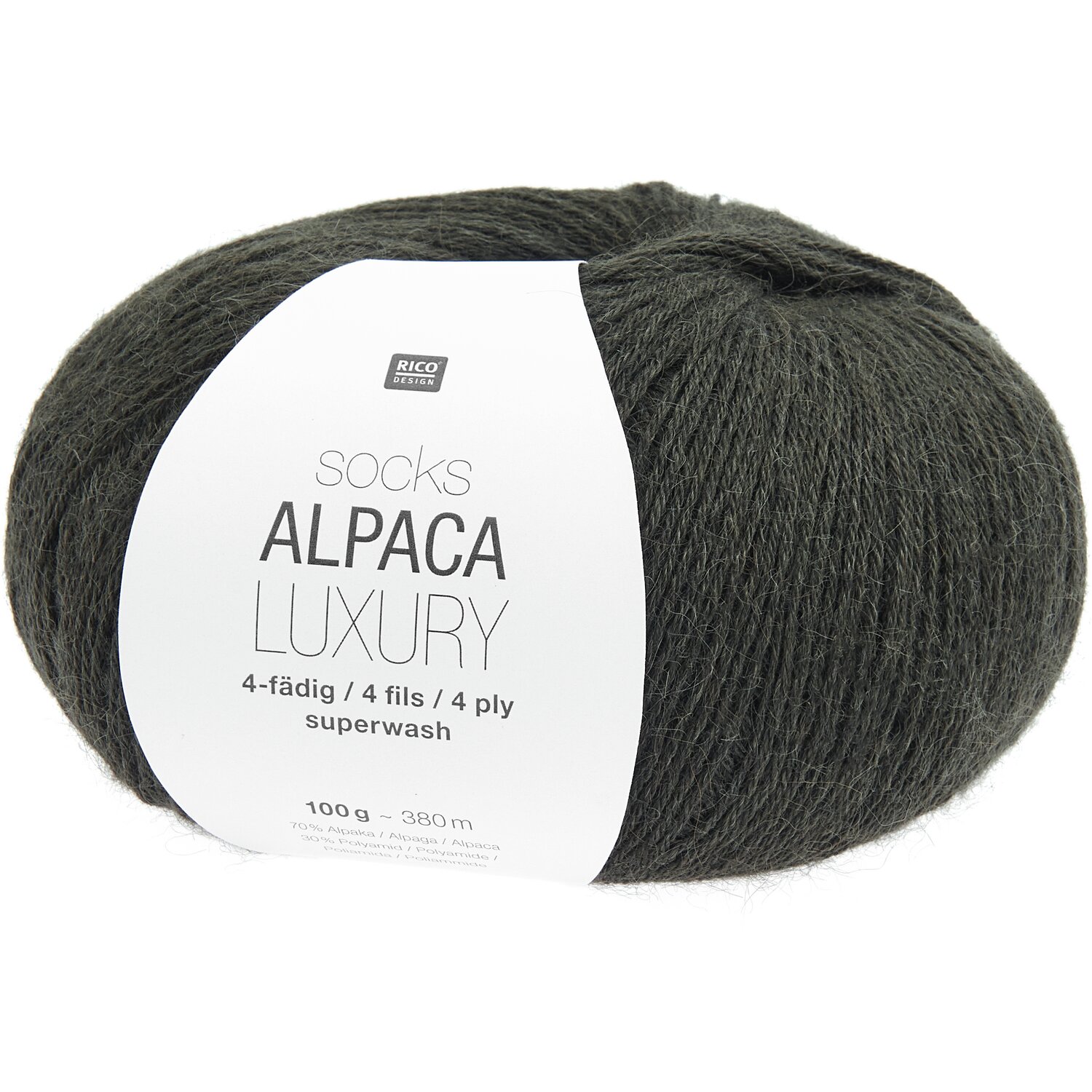 Socks Alpaca Luxury Wolle in Oliv von Rico Design, 4-fädig, 100g, 380m, ideal für Strickprojekte.