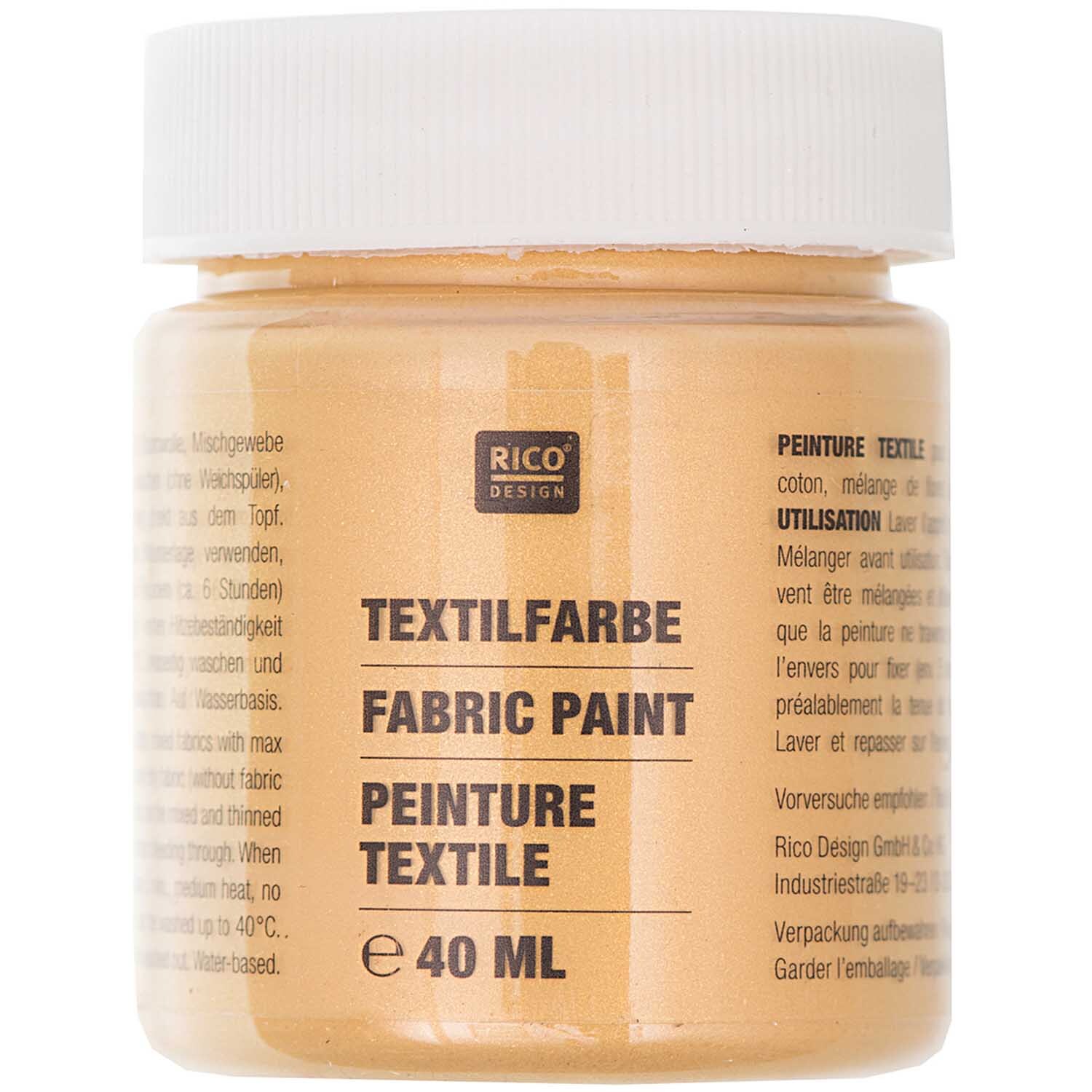 Textilfarbe in Gold von Rico Design, 40ml. Das Bild zeigt ein Glas mit goldener Farbe und Etikett.