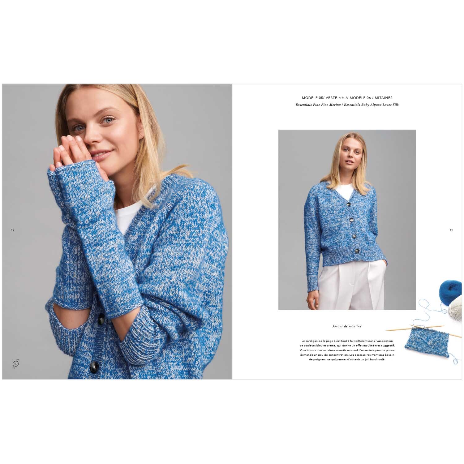 Top Down Knitting Special 2 französisch: Frau trägt blauen Strickpullover von Rico Design, lässig kombiniert mit weißem Shirt und Hose.
