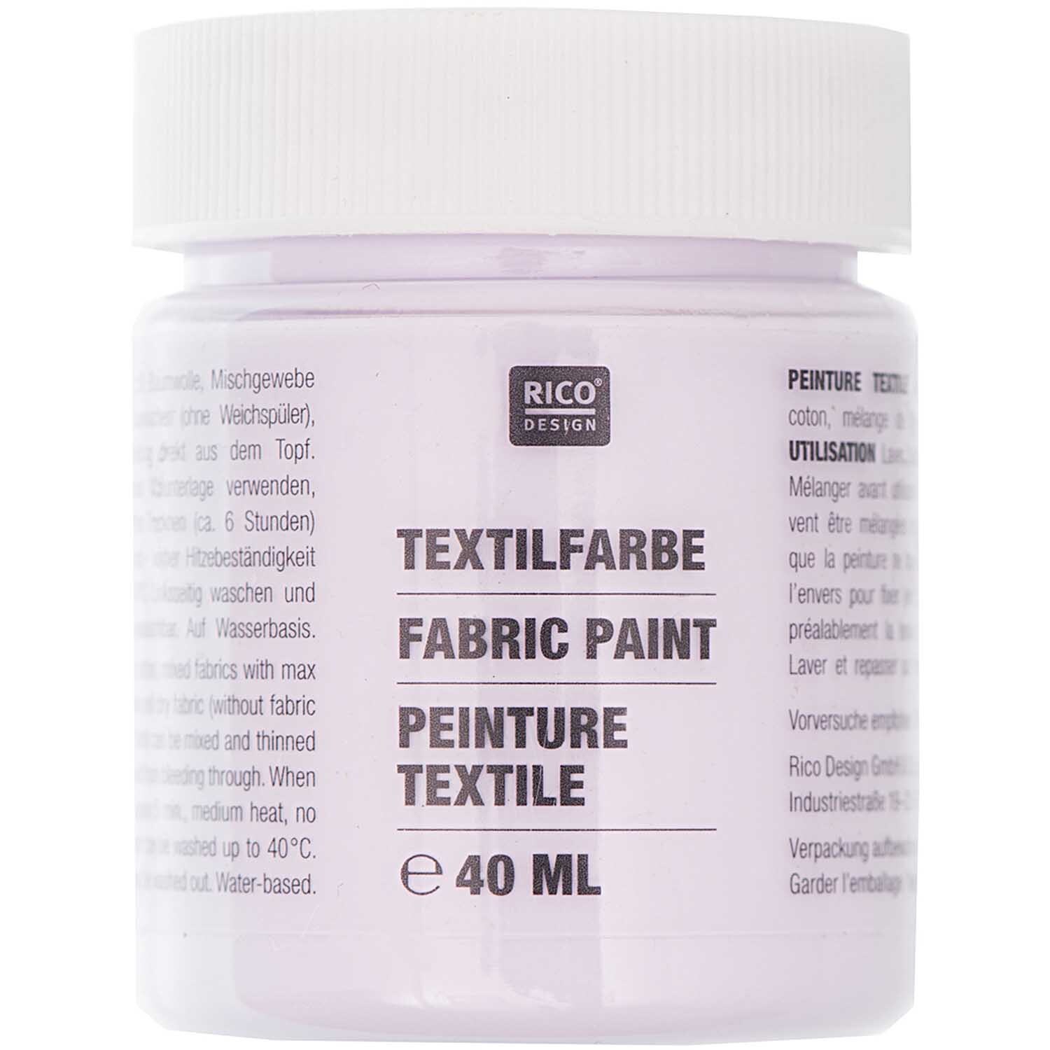 Textilfarbe in Flieder von Rico Design, 40ml. Die Farbe ist in einem runden, weißen Behälter.