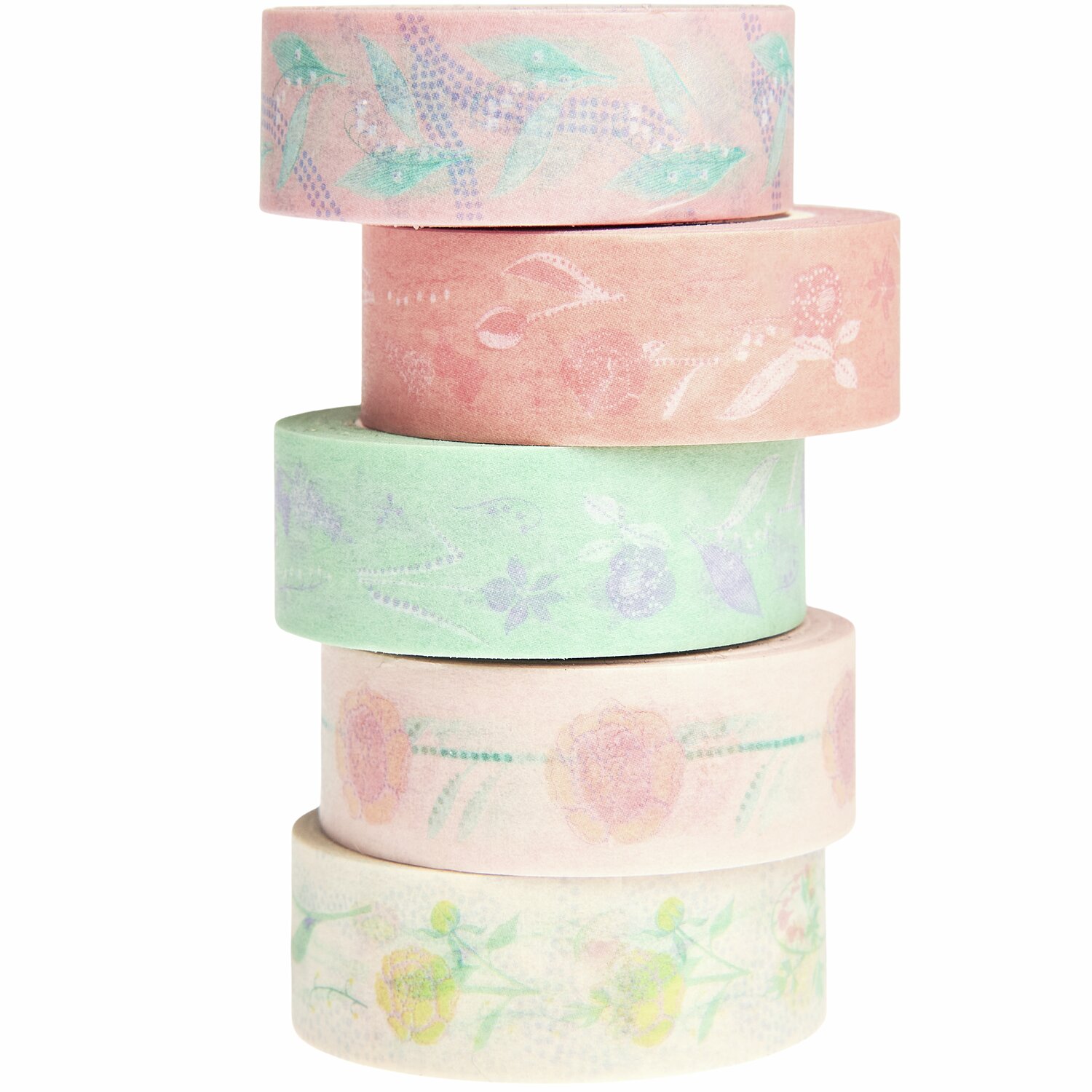 Tape Set Blumen pastell 5 Stück, dekorative Washi Tapes in sanften Farben, ideal für kreative Projekte.