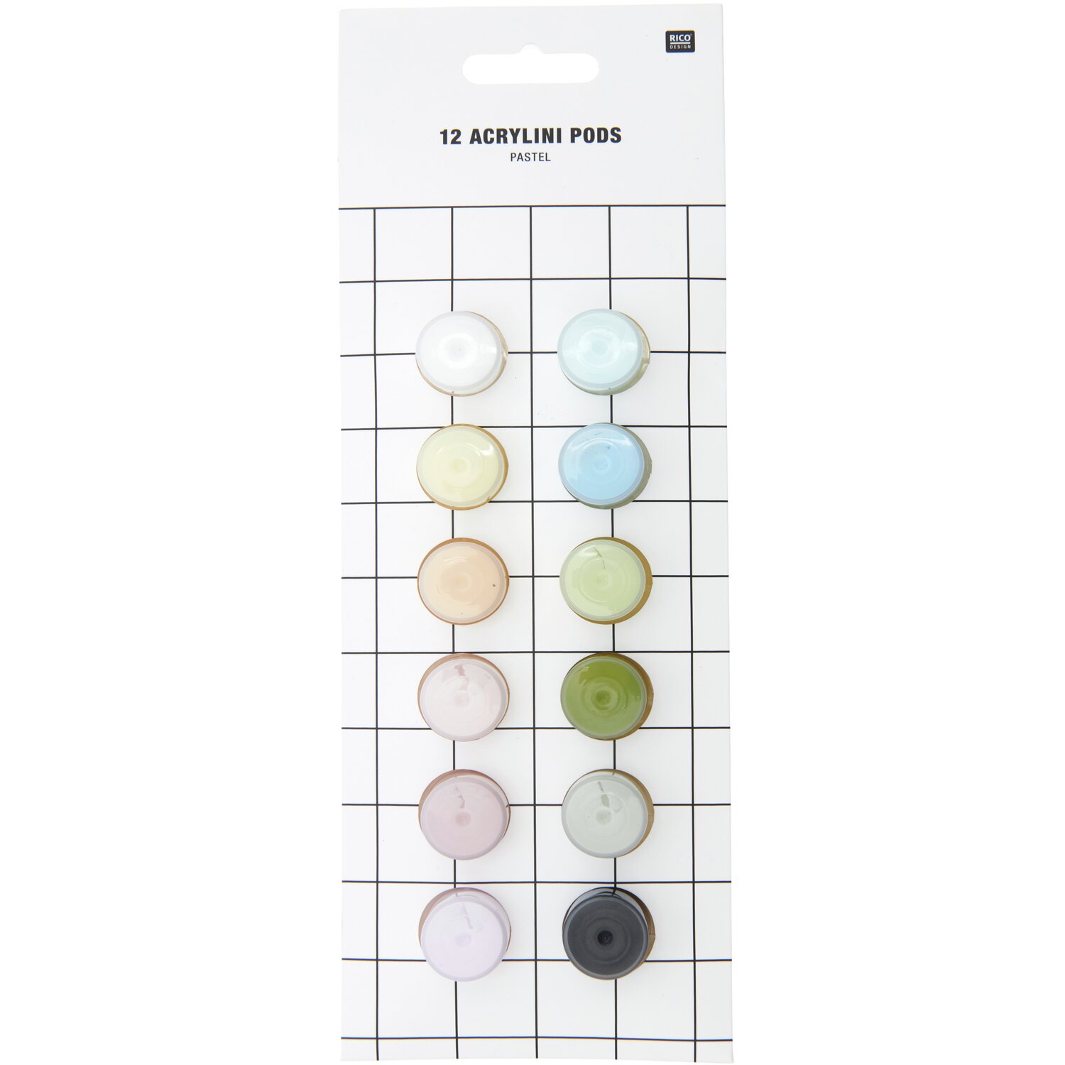 Acrylini Pods: 12 Pastellfarben in 3,5 ml Behältern von Rico Design, ideal für kreative Projekte.
