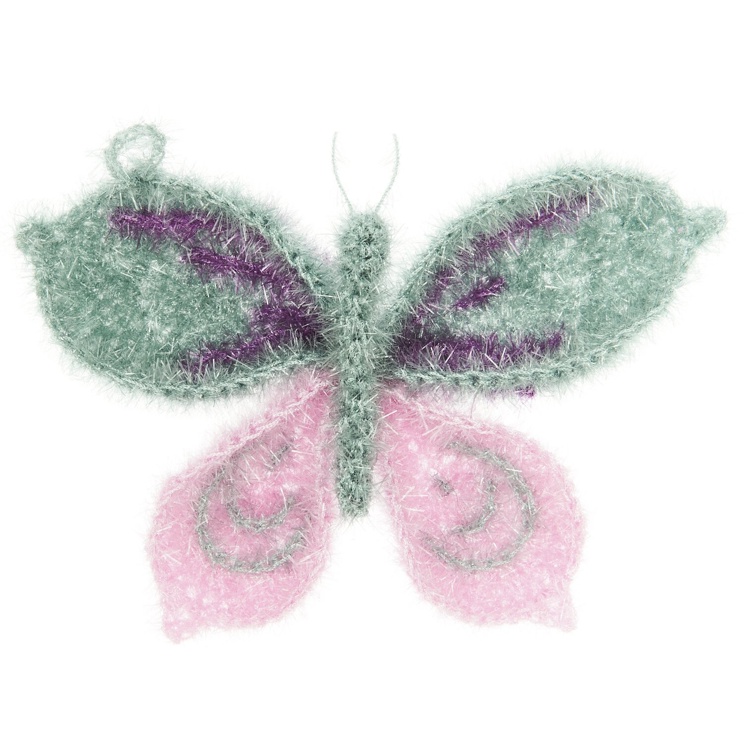 Häkelset Creative Bubble Schmetterling von Rico Design zeigt einen flauschigen Schmetterling in Grün und Rosa mit dekorativen Mustern.
