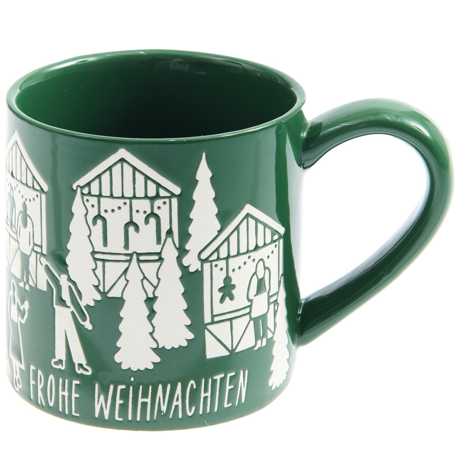 Porzellan Tasse Weihnachtsmarkt mit weißem Motiv auf grünem Hintergrund, Ø7,5x7,5cm.