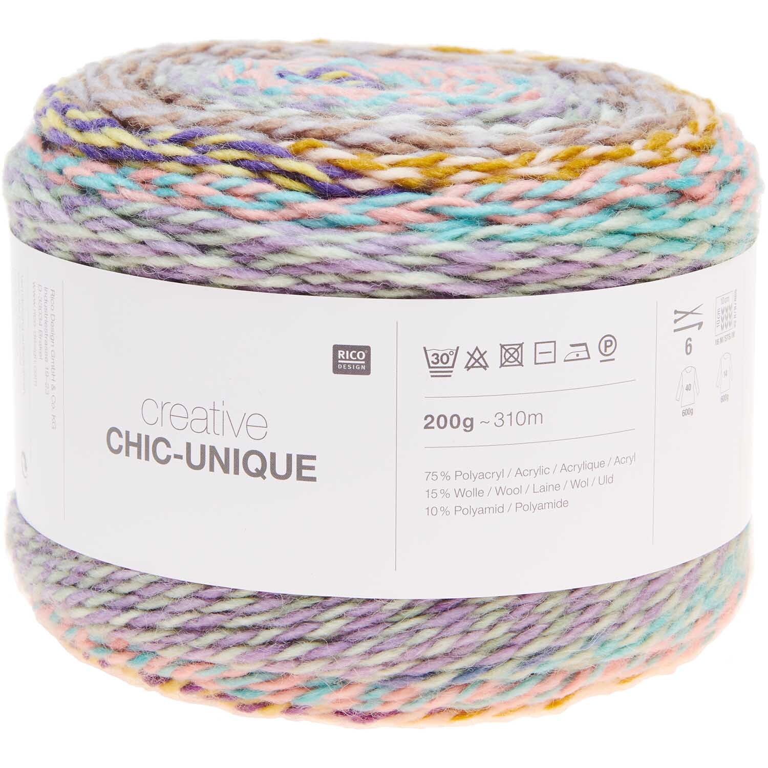 Creative Chic-Unique Garn von Rico Design, 200g 310m, in pastellfarbenem Retro-Look, ideal für Strickprojekte.