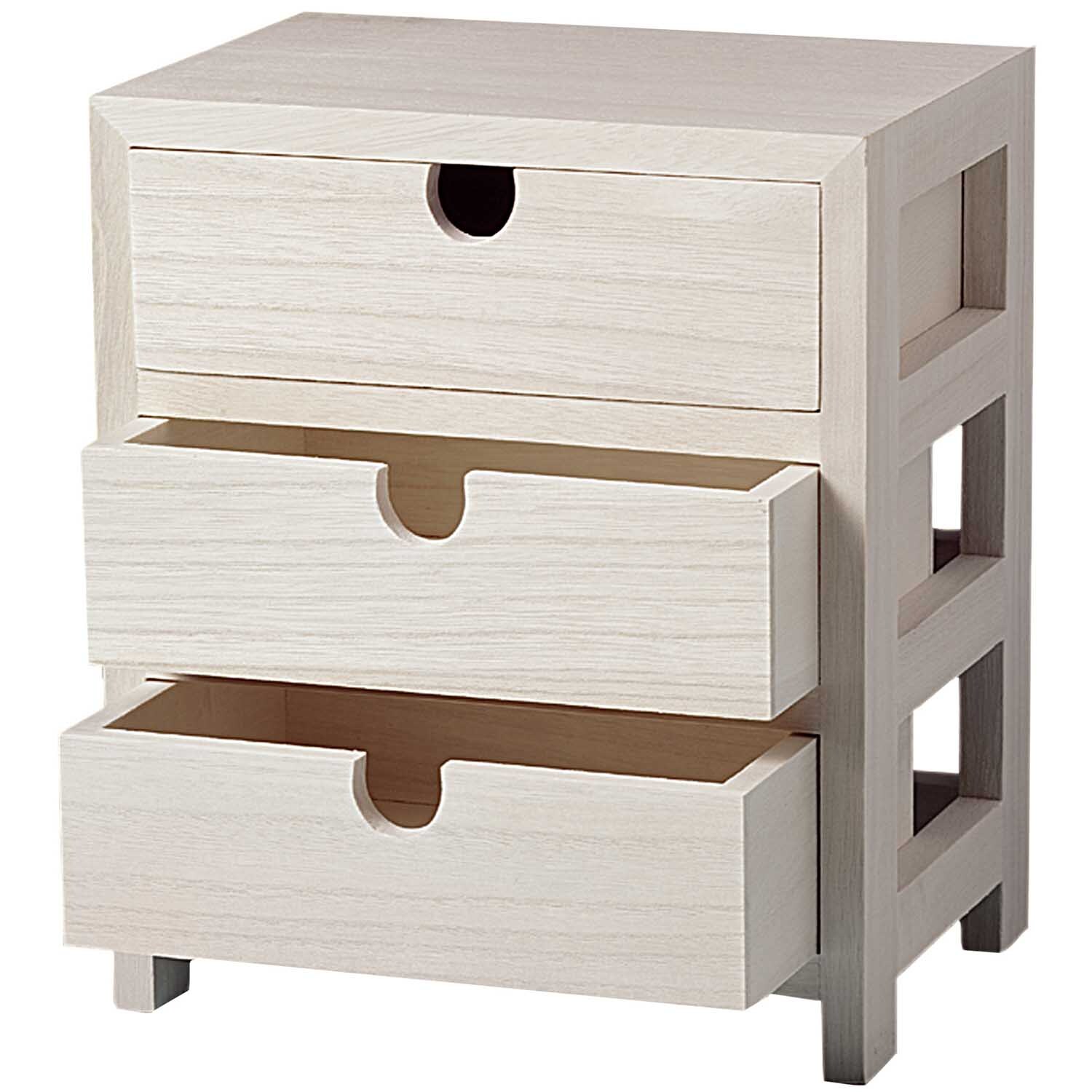 Kommode mit Schubfächern, 23,5x20x14cm, von Rico Design. Helle Holzoptik mit drei offenen Schubladen.