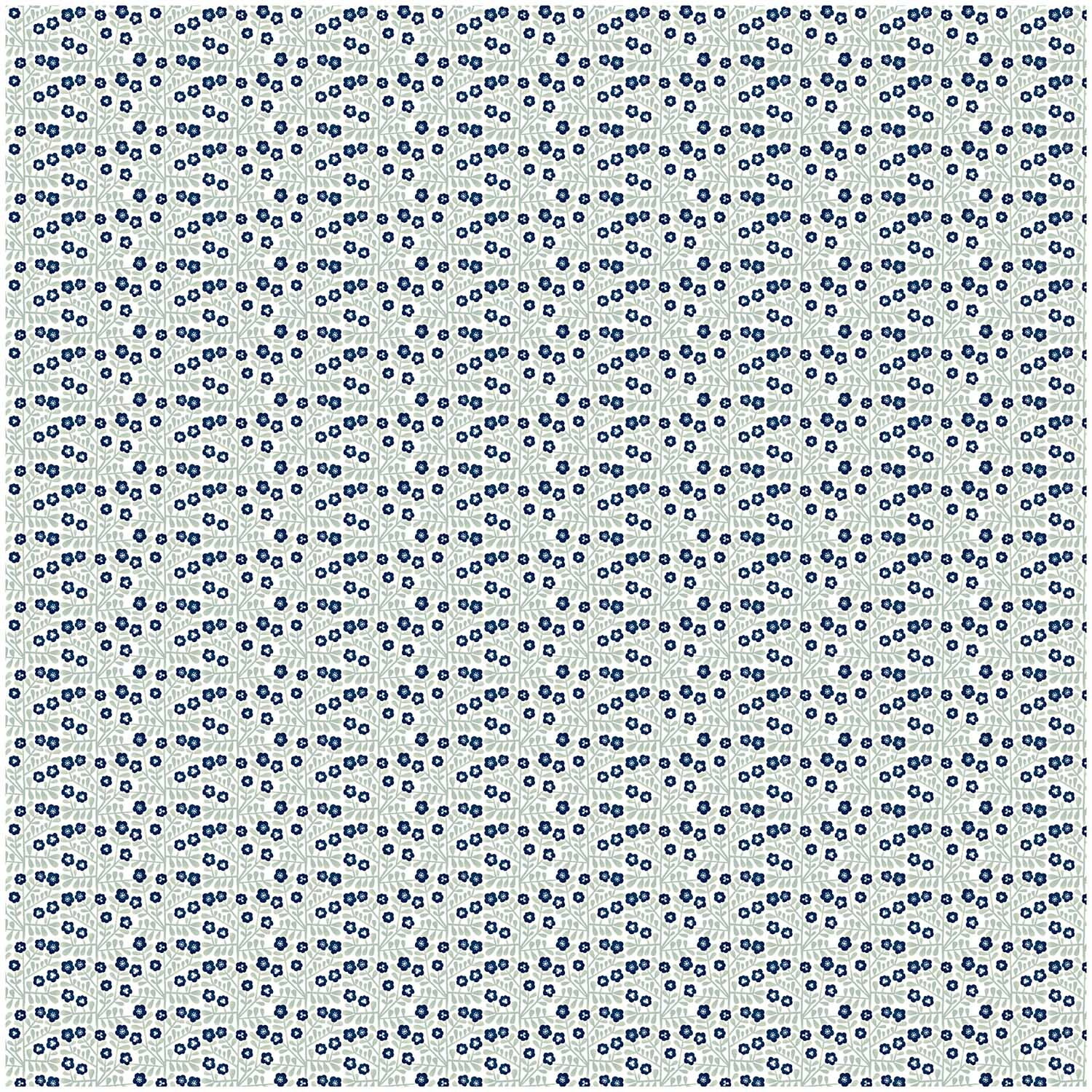 Druckstoff Blumen grün-blau 140cm beschichtet zeigt ein Muster aus kleinen blauen Blumen auf weißem Hintergrund. Marke: Rico Design.