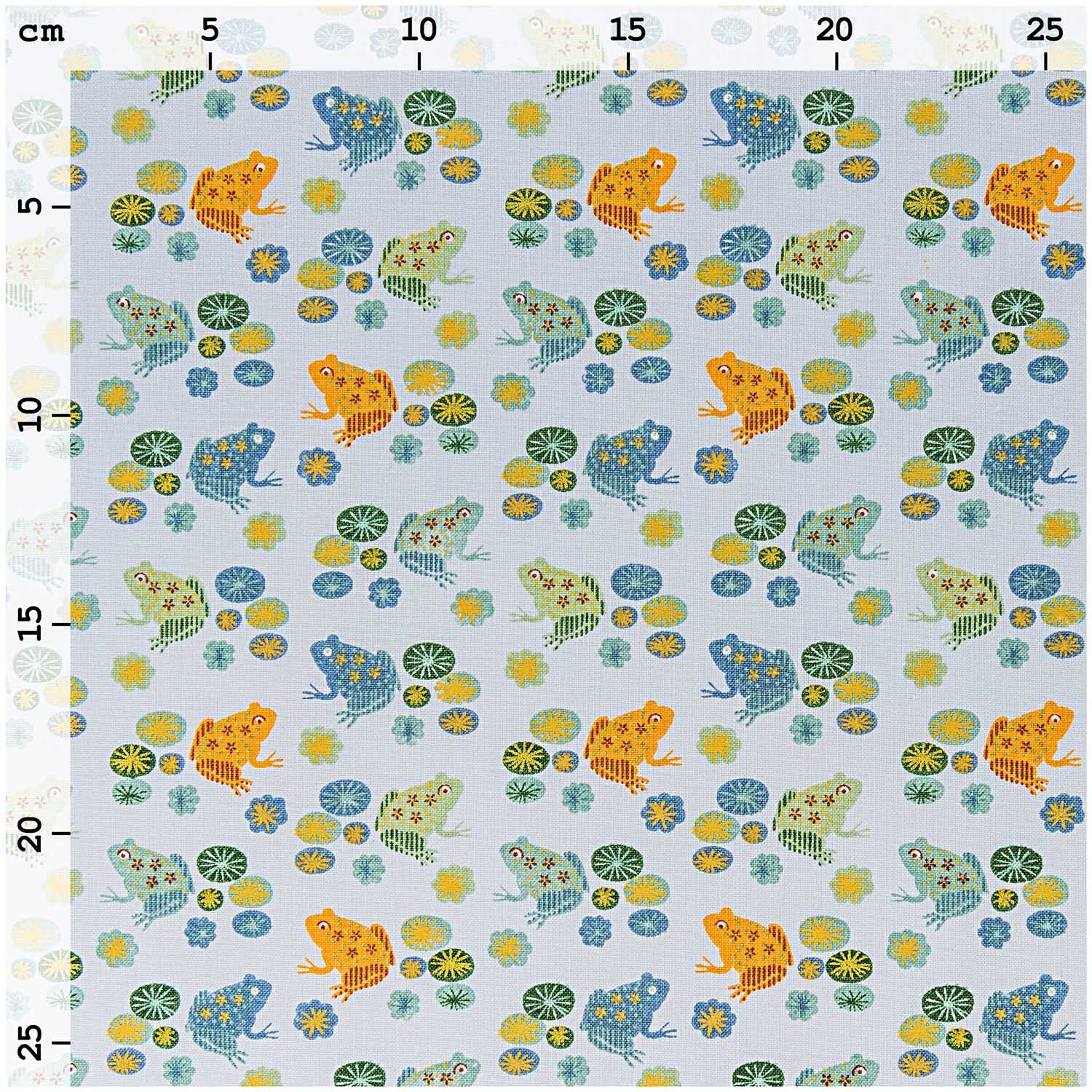 Stoff Frösche 50x160cm: Bunter Stoff mit Frosch- und Seerosenmuster von Rico Design, ideal für kreative Projekte.