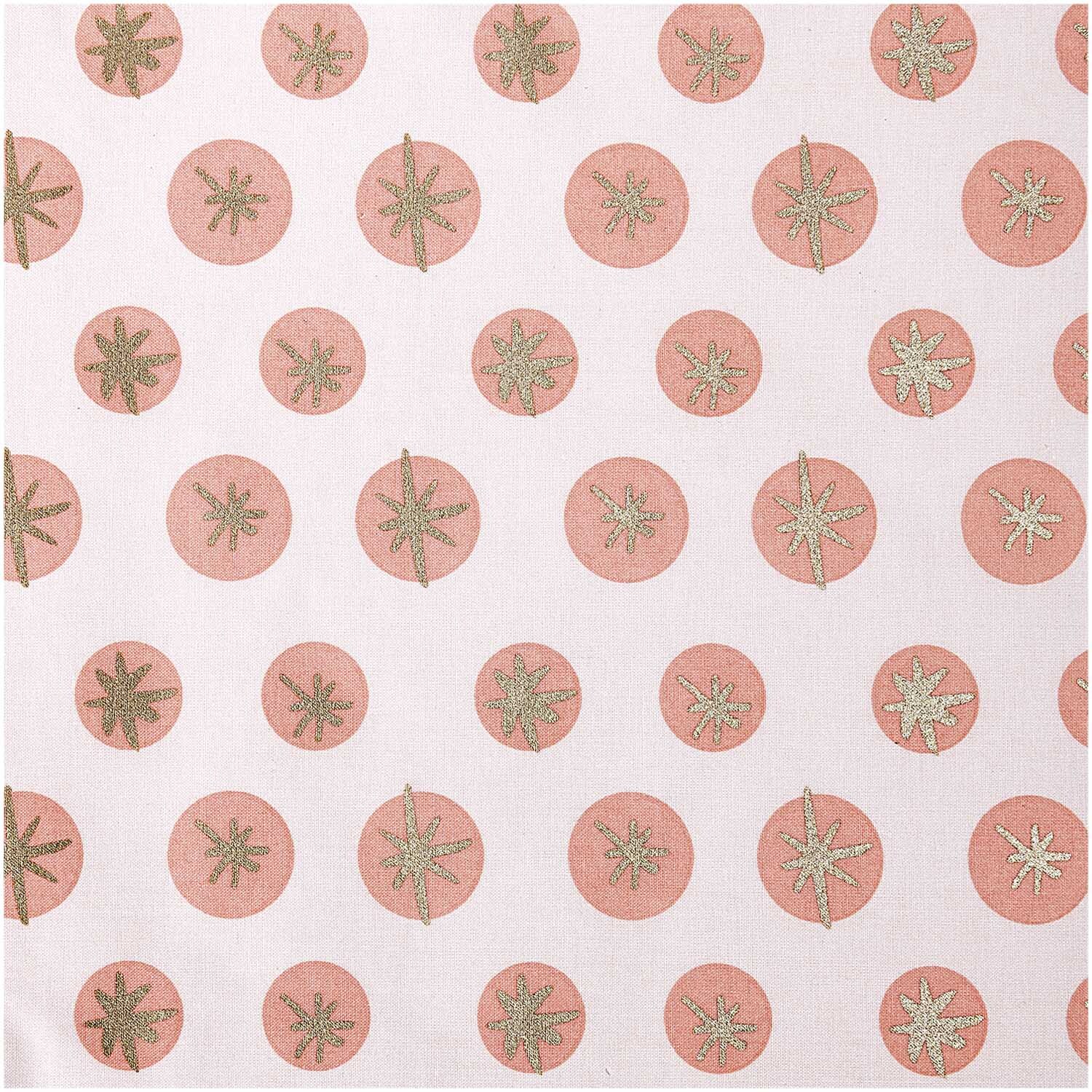 Druckstoff Schneeflocken rosa-gold 140cm von Rico Design zeigt rosa Kreise mit goldenen Schneeflocken auf hellem Hintergrund. Ideal für kreative Projekte.