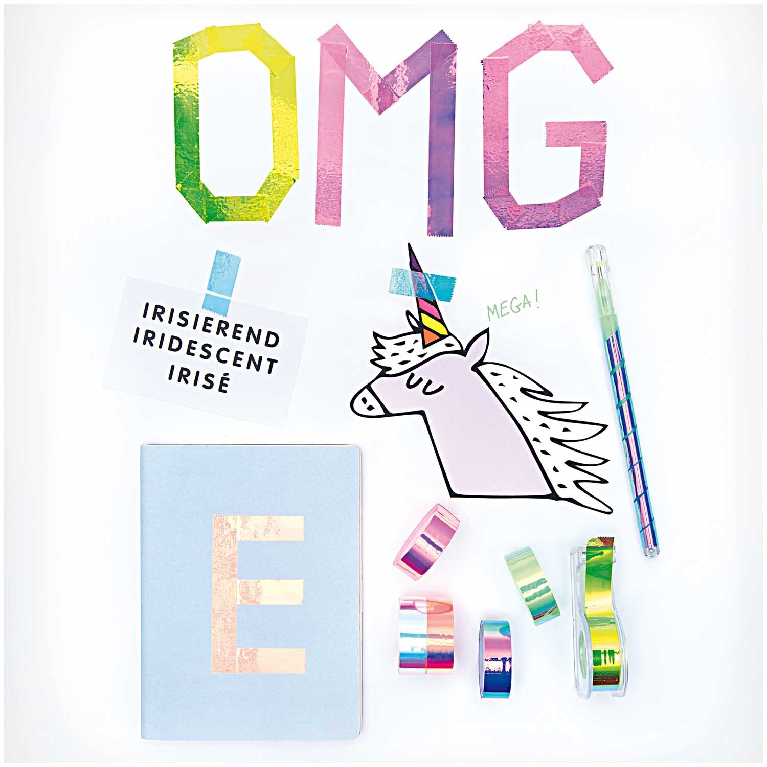 Paper Poetry Mirror Rainbow Tape in einem kreativen Arrangement mit Einhorn und bunten Buchstaben.