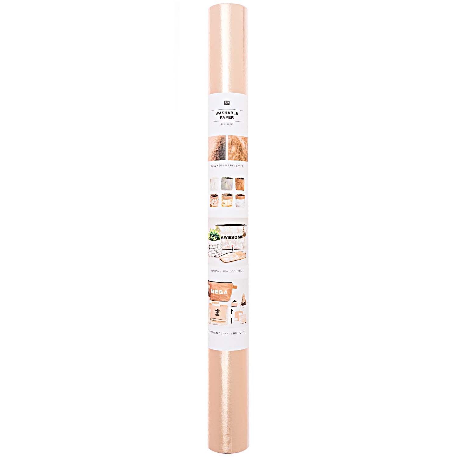 Washable Paper in Roségold von Rico Design, aufgerollt und stehend, ideal für kreative Projekte.