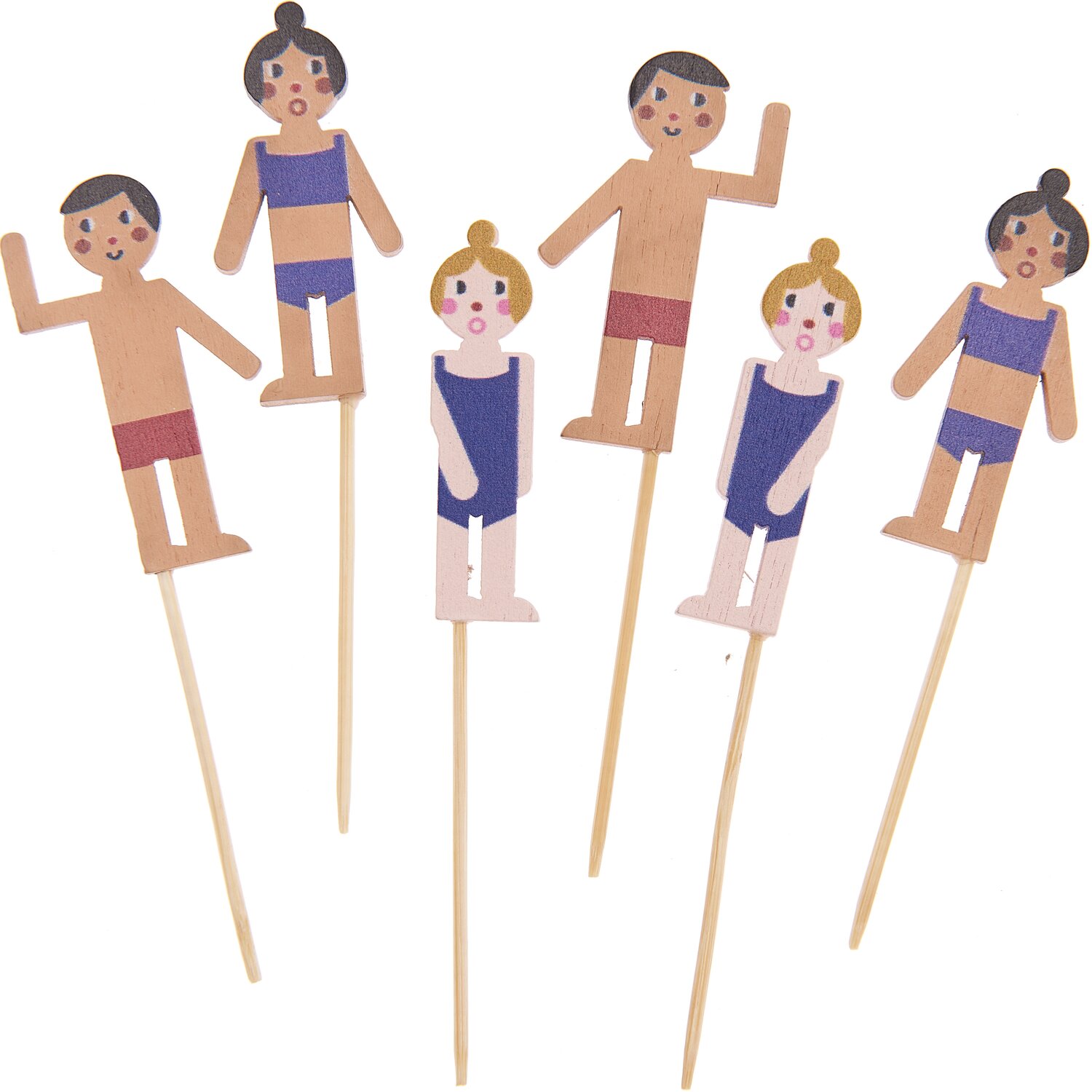 Deko-Picker Badegäste Mix, 9cm, 6 Stück: Bunte Figuren in Badebekleidung auf Holzstäbchen.