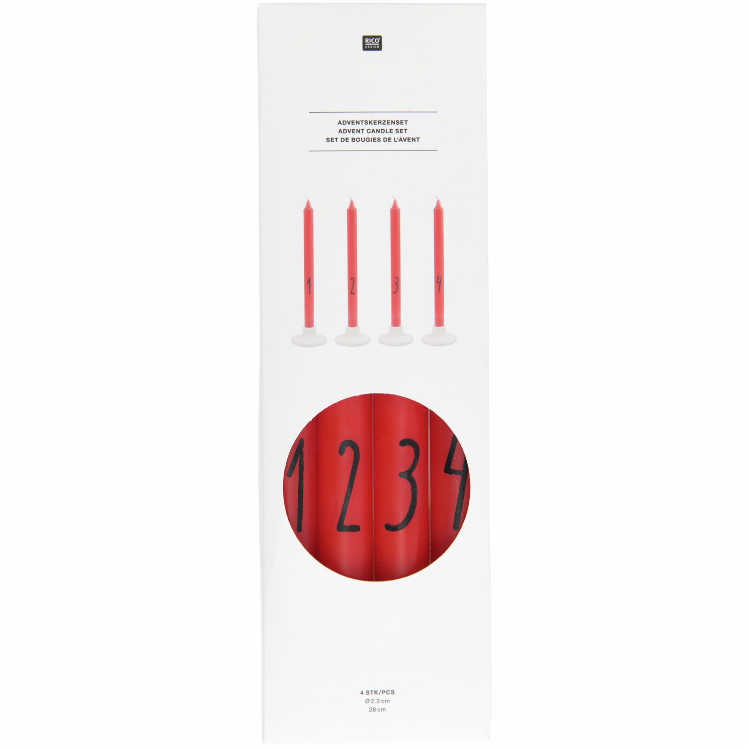 Adventskerzenset 4 Stück, elegante rote Kerzen von Rico Design, ideal für festliche Dekorationen.
