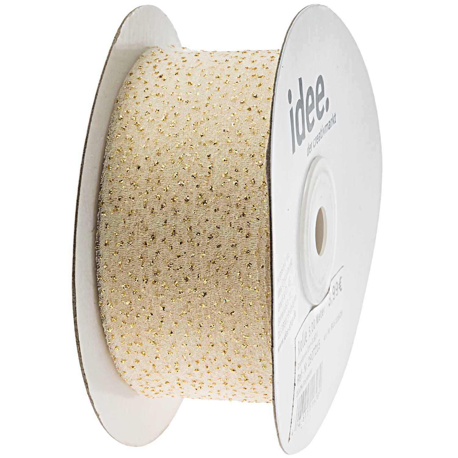 Tüllband mit Glitter 38mm 5m in Creme von idee. Creativmarkt, auf einer Rolle, ideal für Dekorationen.
