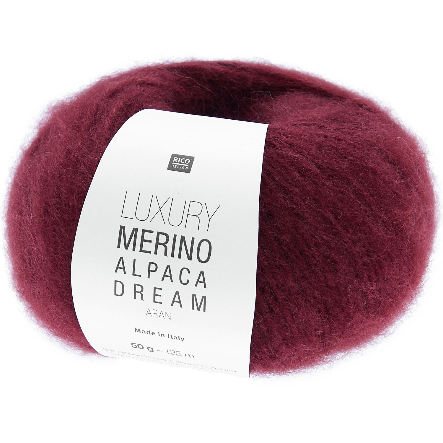 Luxury Merino Alpaca Dream aran Wolle in Bordeaux von Rico Design, 50g, 125m, ideal für edle Strickprojekte.
