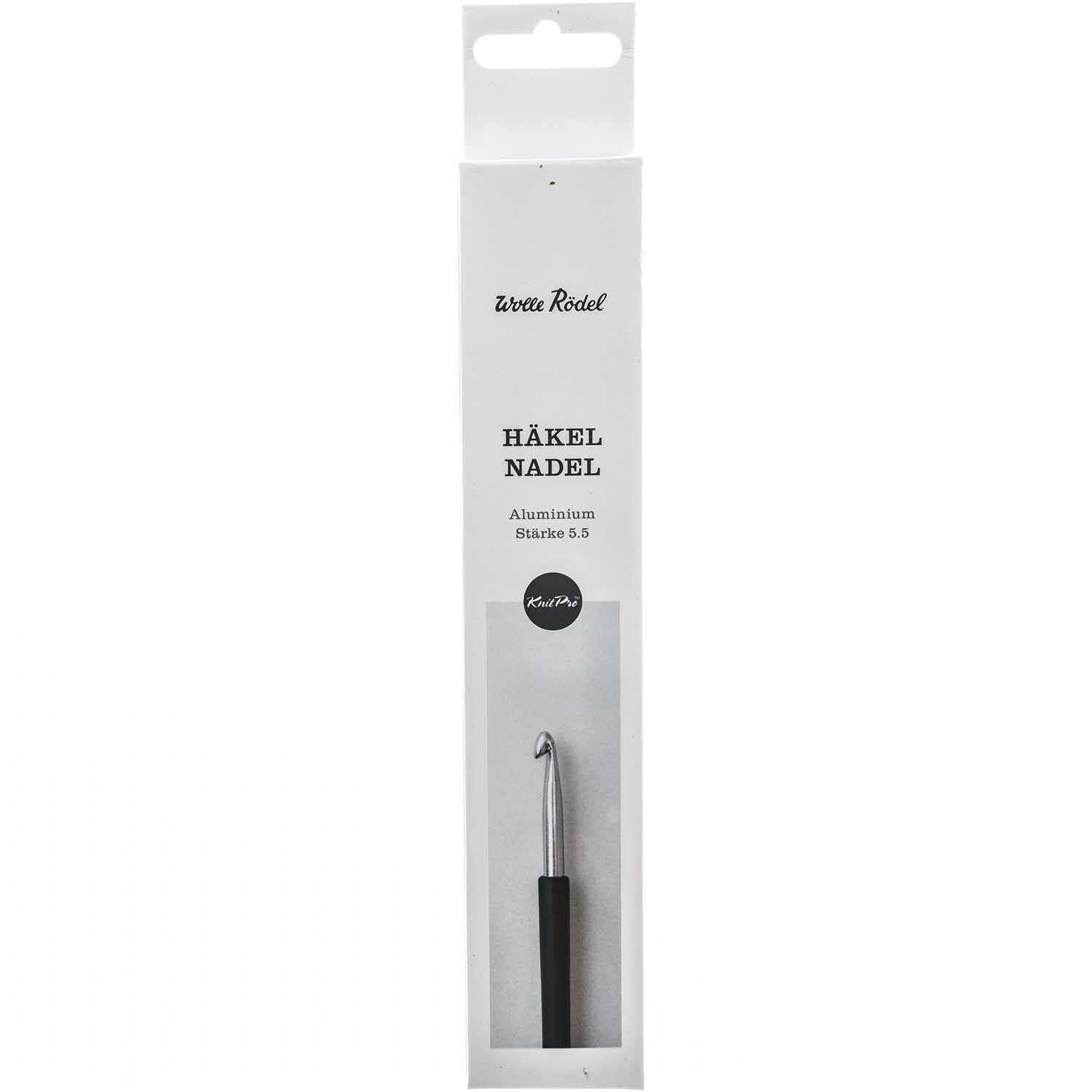 KnitPro Häkelnadel Aluminium in schwarzer Verpackung mit Hakenansicht, ideal für Handarbeiten.