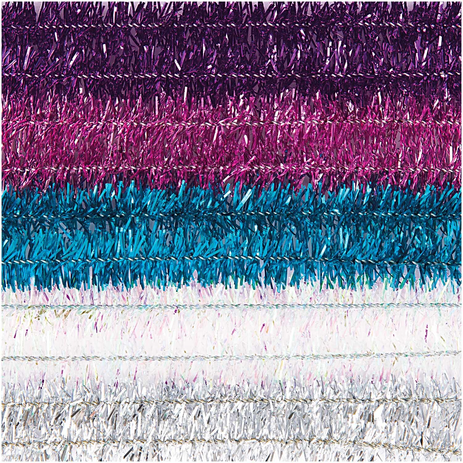 Chenilledraht-Mix 50cm 10 Stück von Rico Design in Glitter Pastell zeigt bunte, schimmernde Drähte in Lila, Pink, Blau und Weiß.