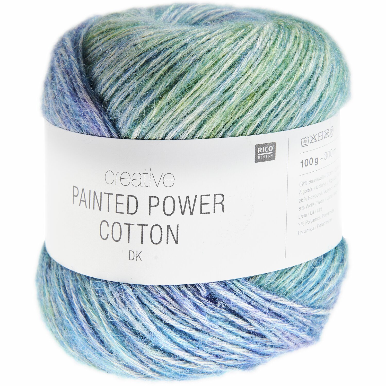 Creative Painted Power Cotton dk, 100g 300m, in Blau- und Grüntönen von Rico Design, ideal zum Stricken.