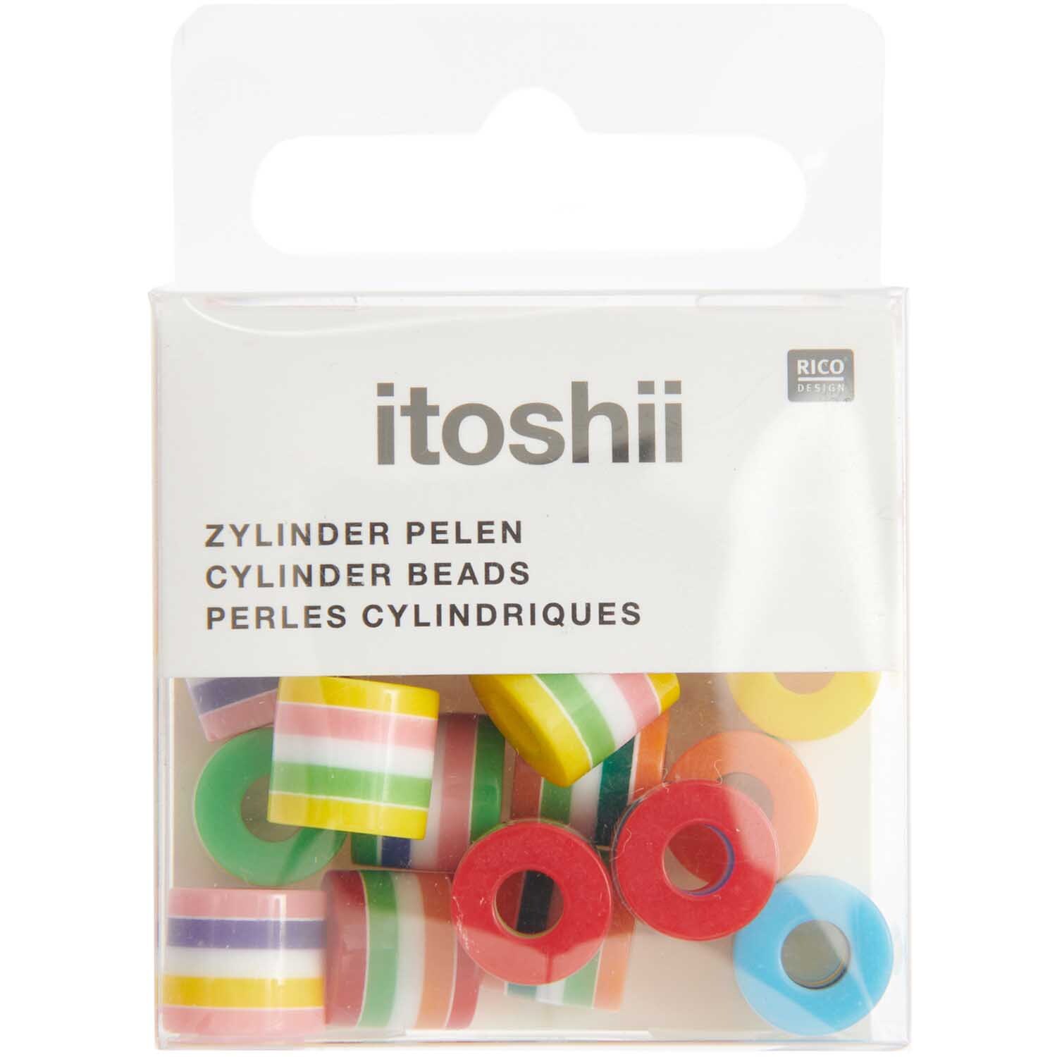 Itoshii Gestreifte Zylinderperlen in einer Packung mit 21 bunten Perlen von Rico Design.