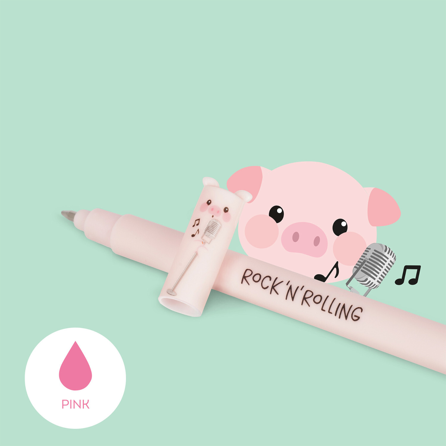 Erasable Gel Pen Set Farm Sweet Farm, pink, mit süßem Schwein-Design und Musiknoten.