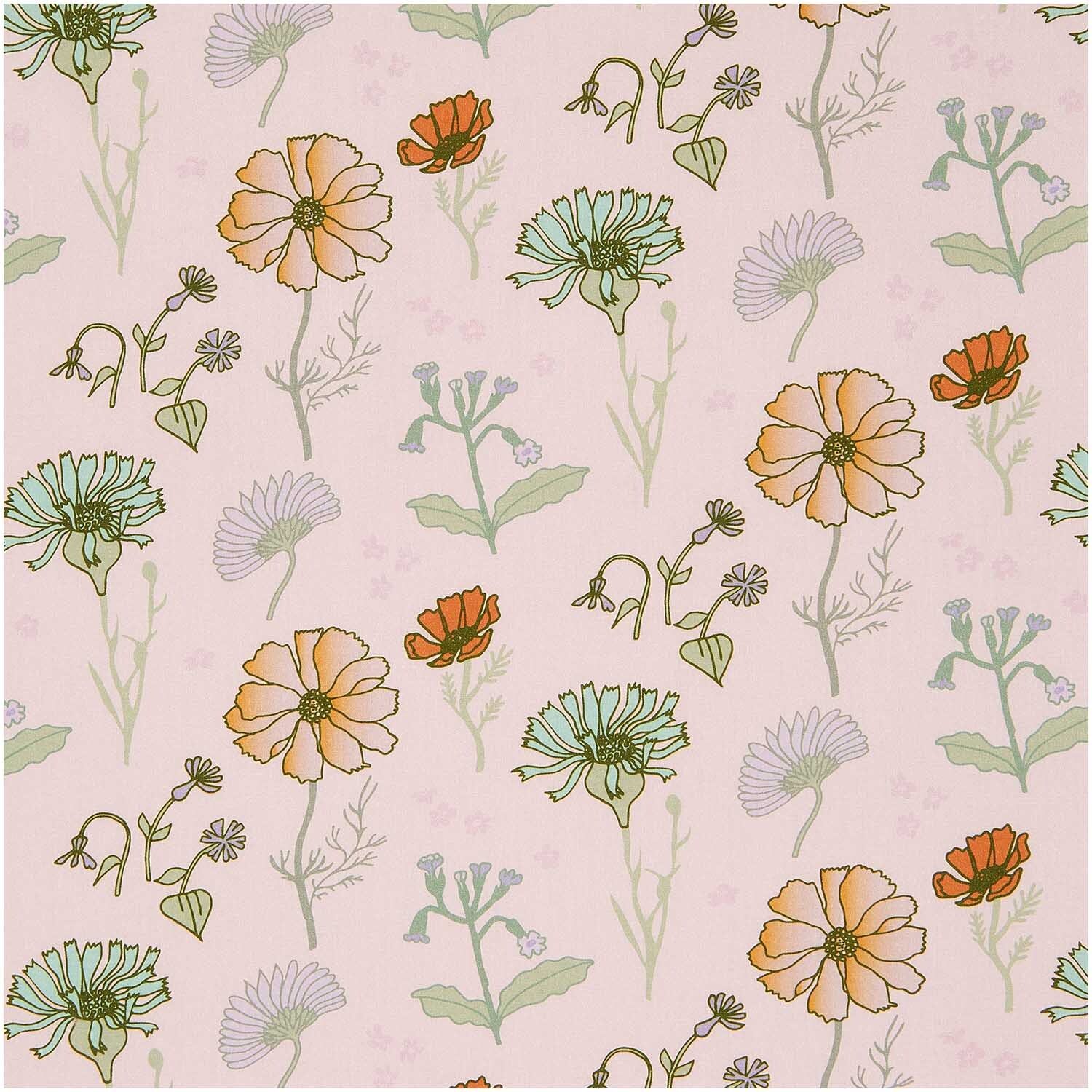 Meterware Baumwoll-Popelin Blumen Rosa mit floralen Mustern in Orange und Grün von Rico Design.