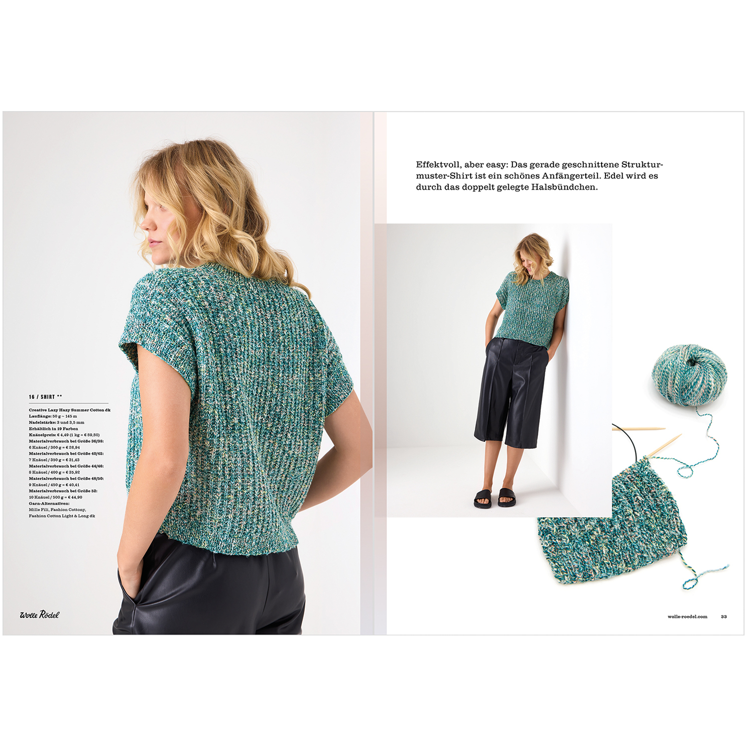 Die Neue Masche Nr. 06 Frühjahr-Sommer: Frau trägt gestricktes Oberteil in Grün von Wolle Rödel, kombiniert mit schwarzer Hose.