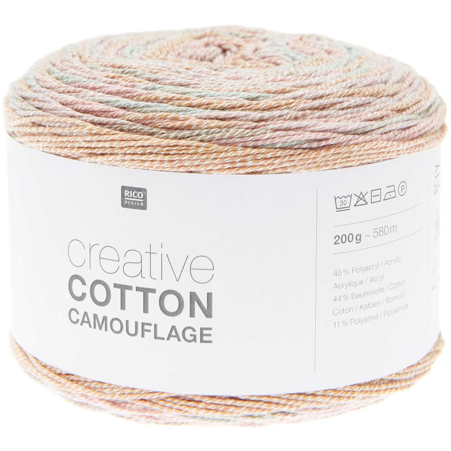 Creative Cotton Camouflage von Rico Design in sanften Pastelltönen, 200g Knäuel mit 580m Länge. Ideal für vielseitige Strickprojekte.