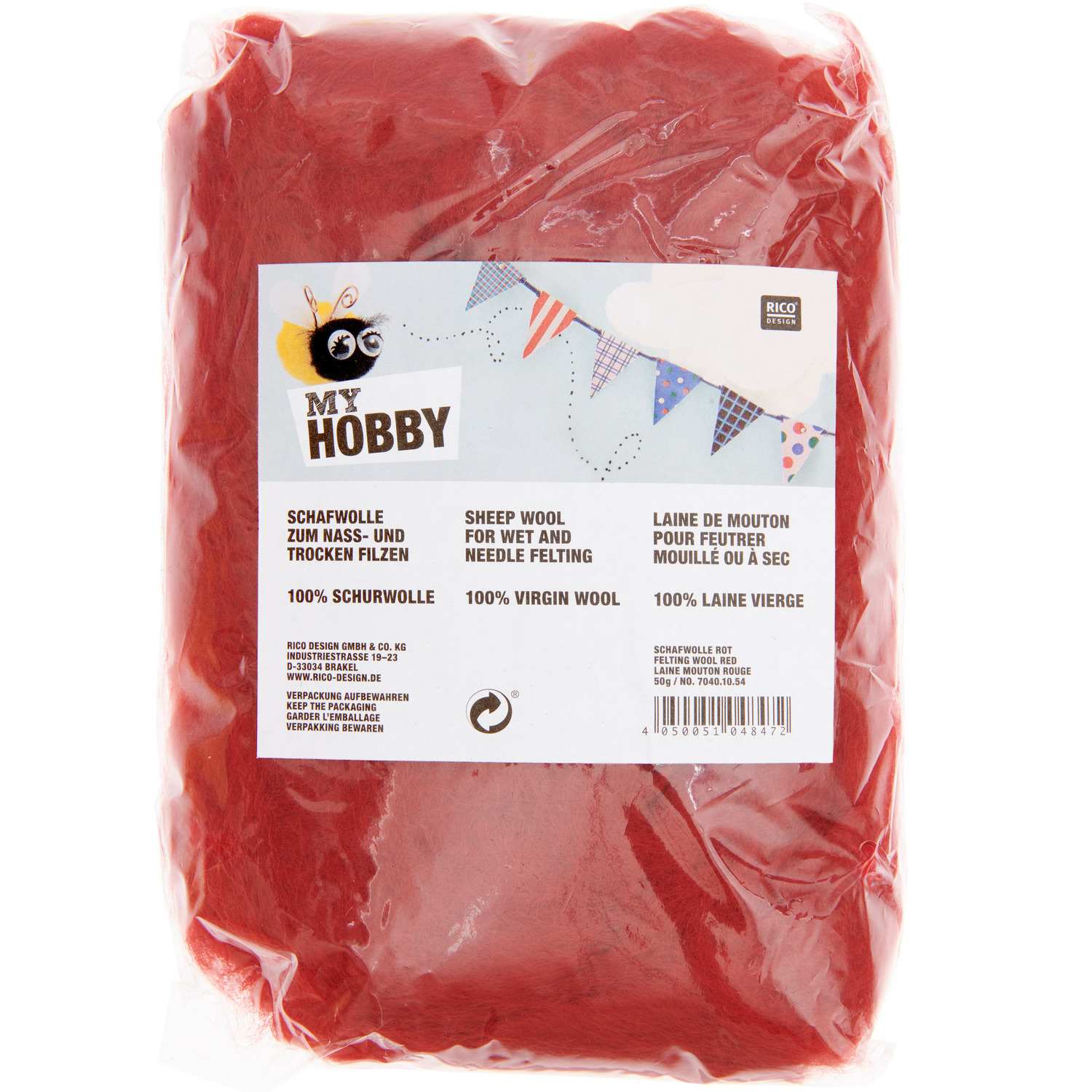 Schafwolle 50g von Rico Design in Rot, ideal zum Nass- und Trockenfilzen, 100% Schurwolle.