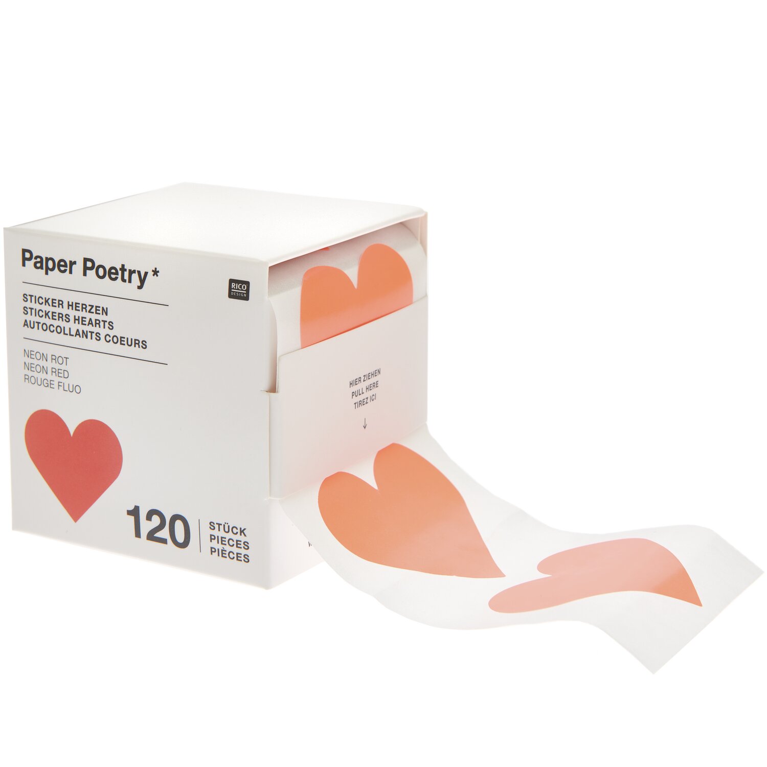 Paper Poetry Sticker Herzen 5cm 120 Stück auf der Rolle, neonrote Herzsticker von Rico Design.