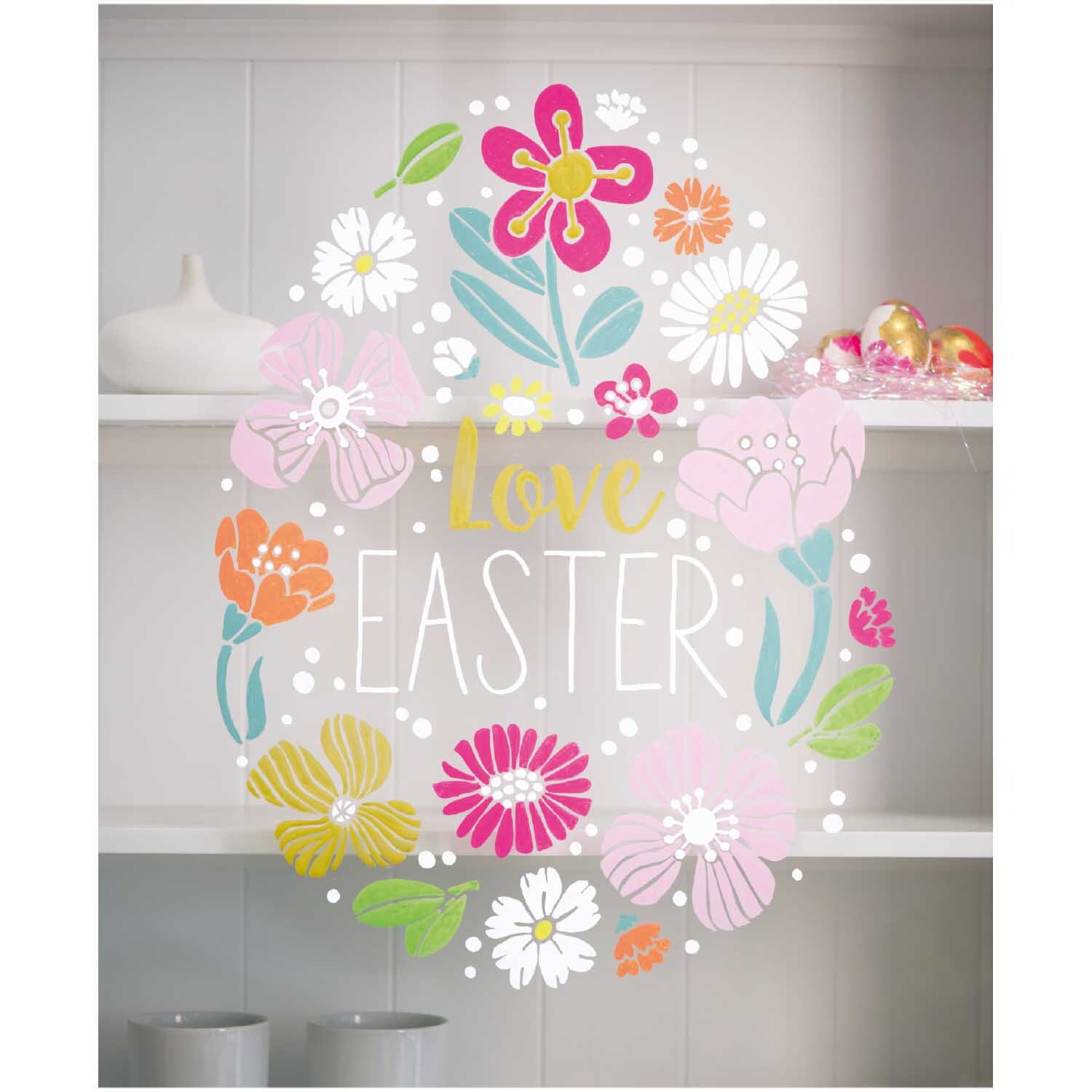 Kreidestifte Flüssigkreide Set Basic 3mm 8 Farben von Rico Design: Bunte Osterdekoration mit Blumen und Schriftzug "Love Easter" auf Glas.