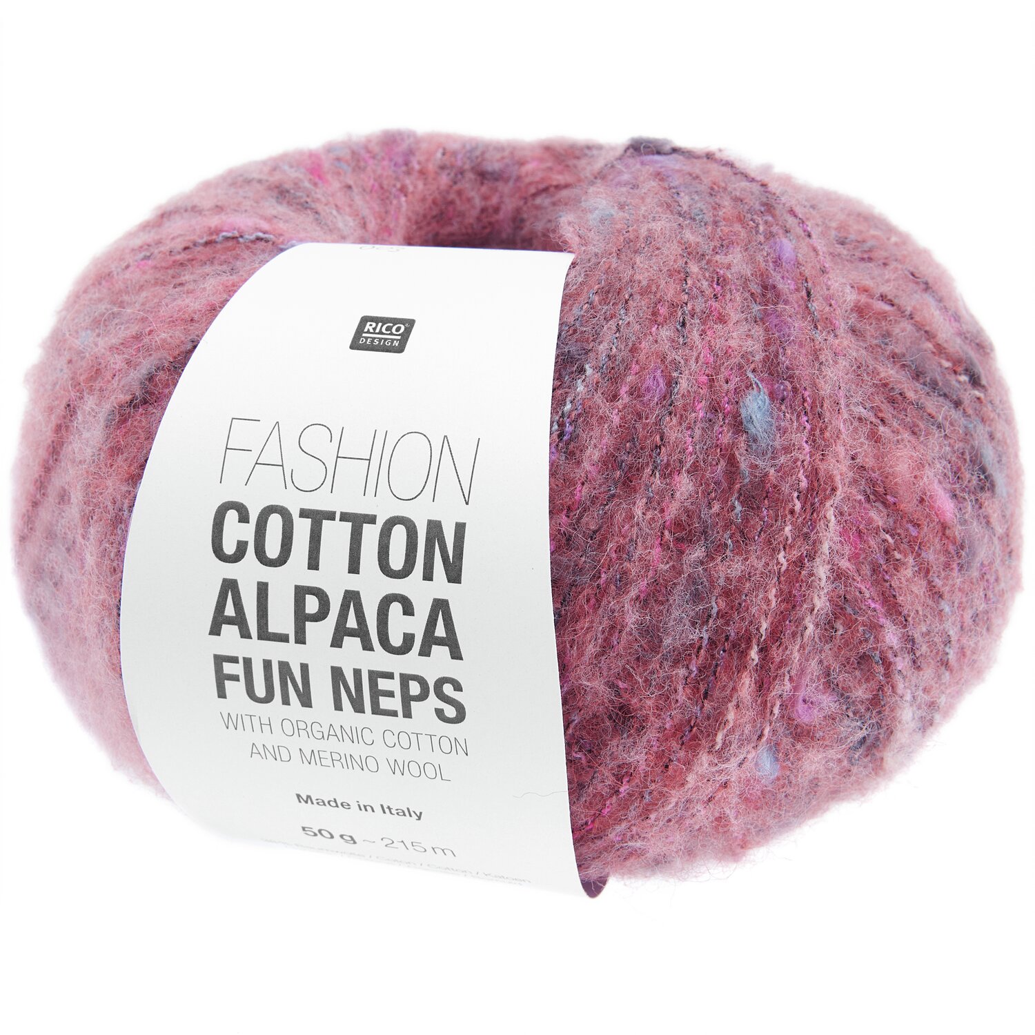Fashion Cotton Alpaca Fun Neps Wolle in Beere von Rico Design, 50g Knäuel, ideal für Strickprojekte.