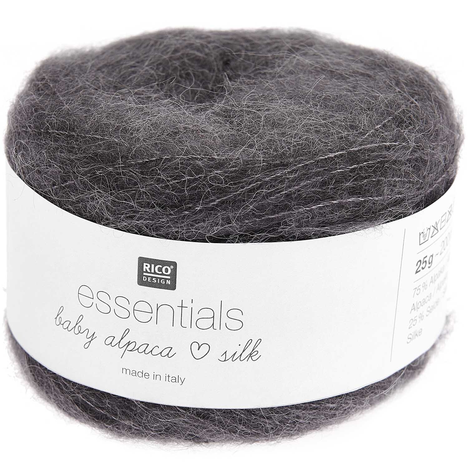 Essentials Baby Alpaca Loves Silk, graues Garn von Rico Design, 25g, 200m, ideal für Strickprojekte.