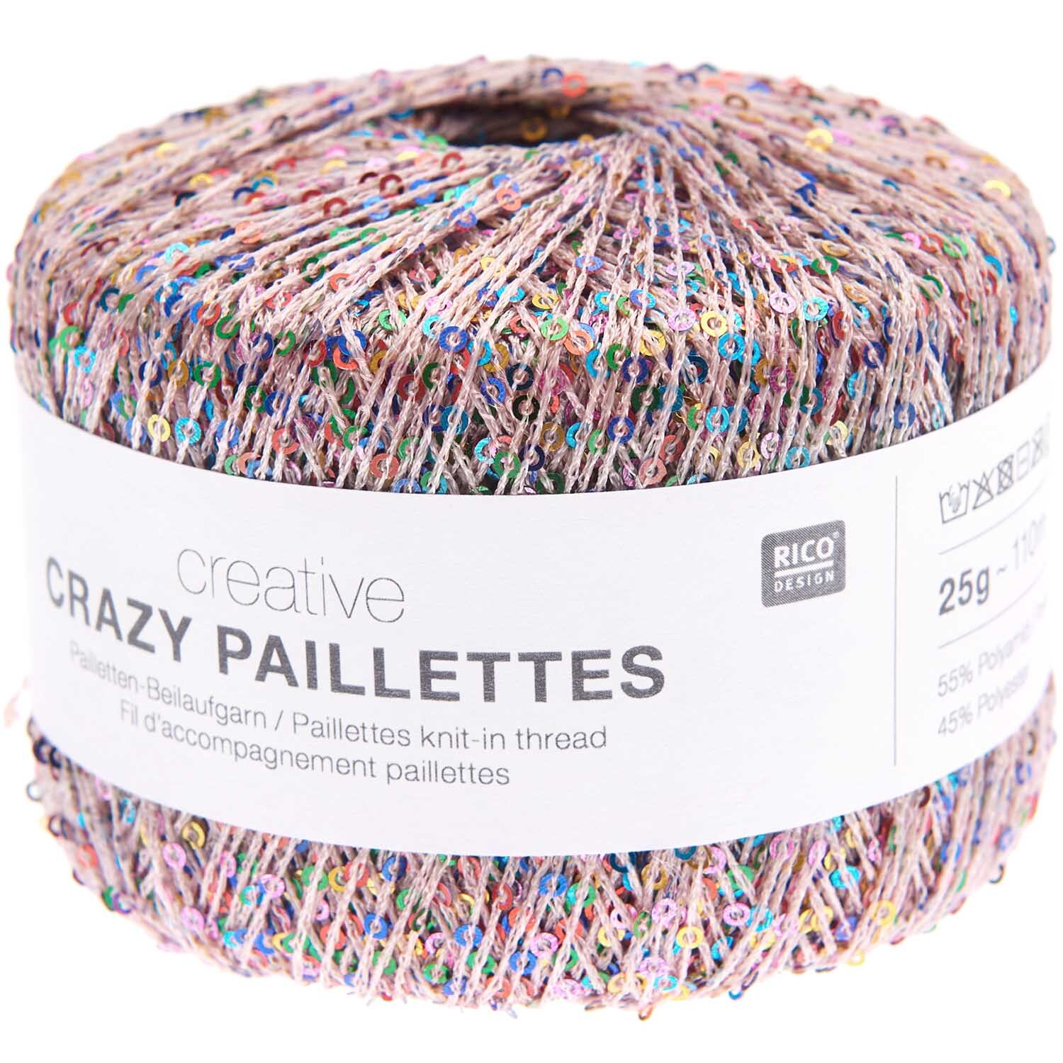 Creative Crazy Paillettes Strickset mit schimmernden Pailletten in Puder von Rico Design, ideal für modische Dreieckstücher und Taschen.
