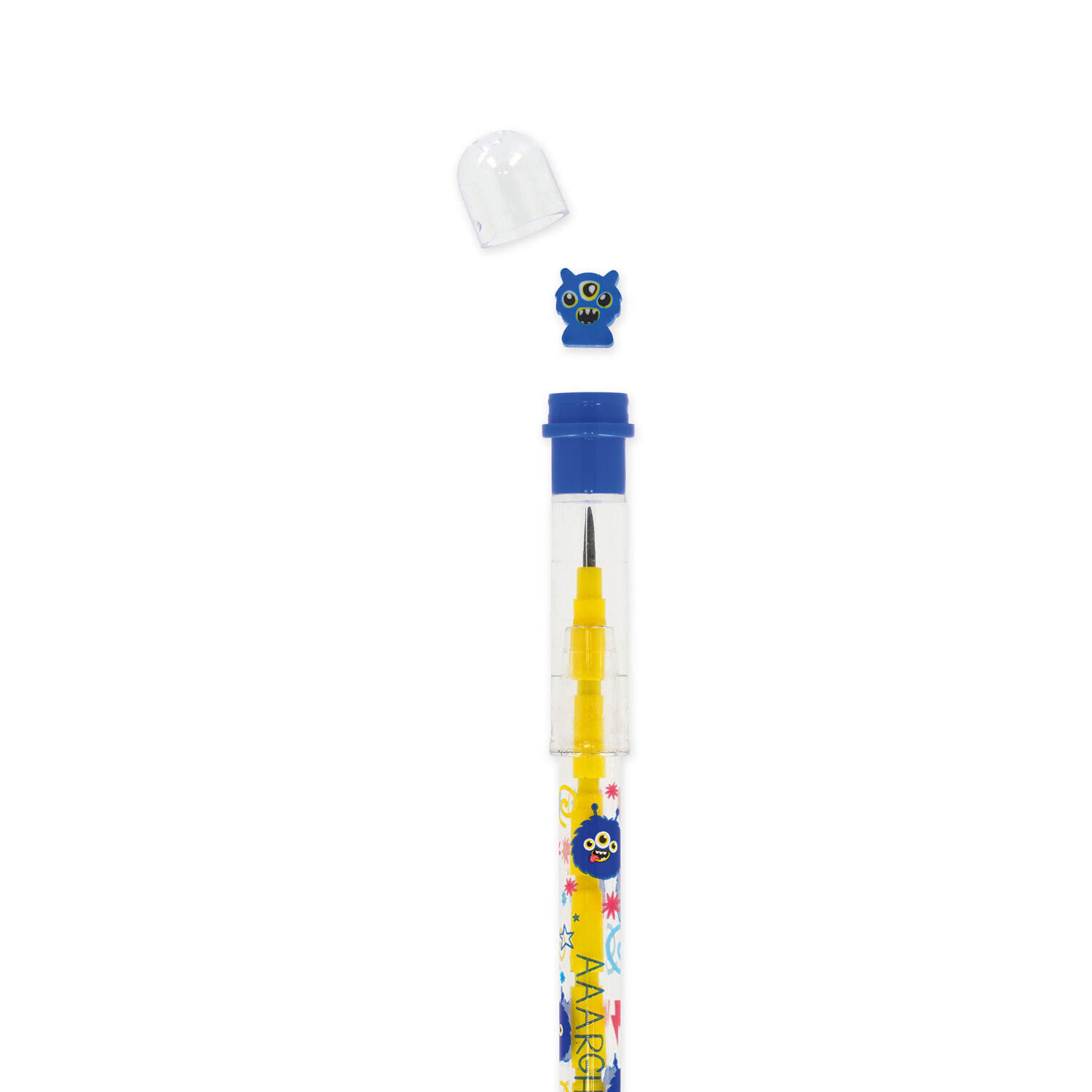 Stackable Pencils, Monster: Bunter Stift mit blauem Monster-Design und abnehmbarer Kappe.